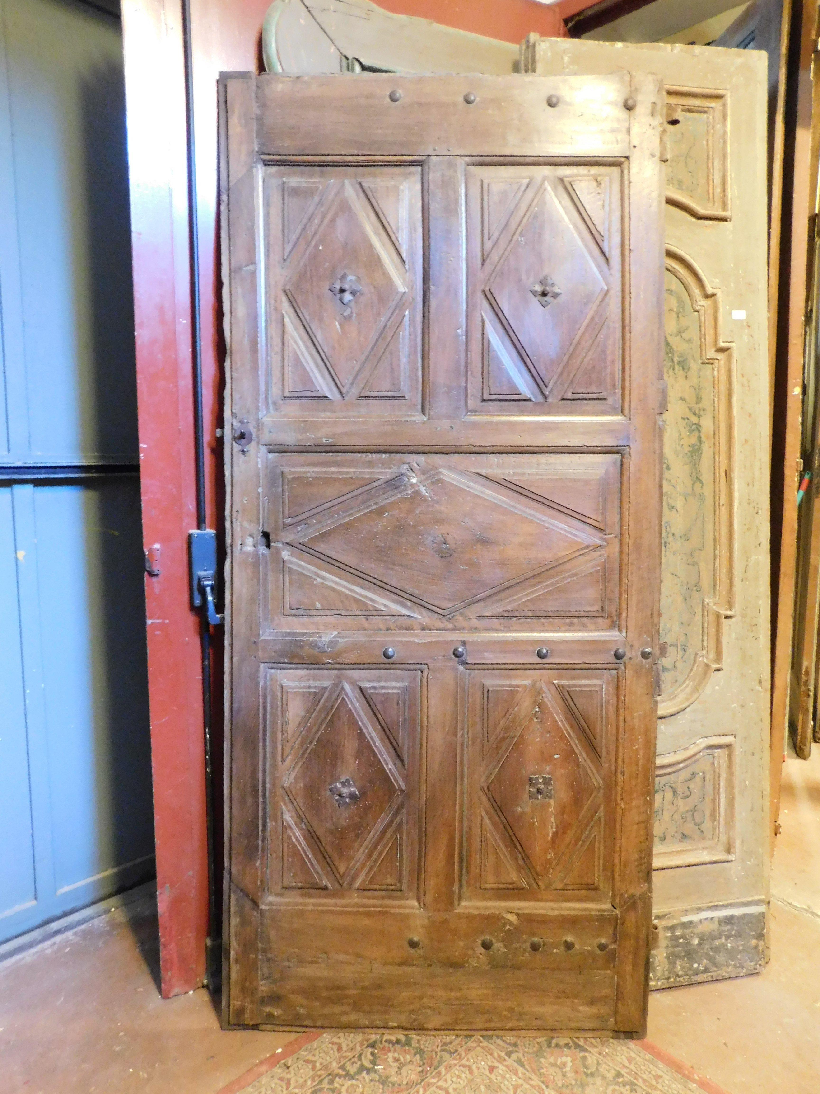 Hand-Carved Interior wooden door with diamond-shaped carved panels, Italy For Sale