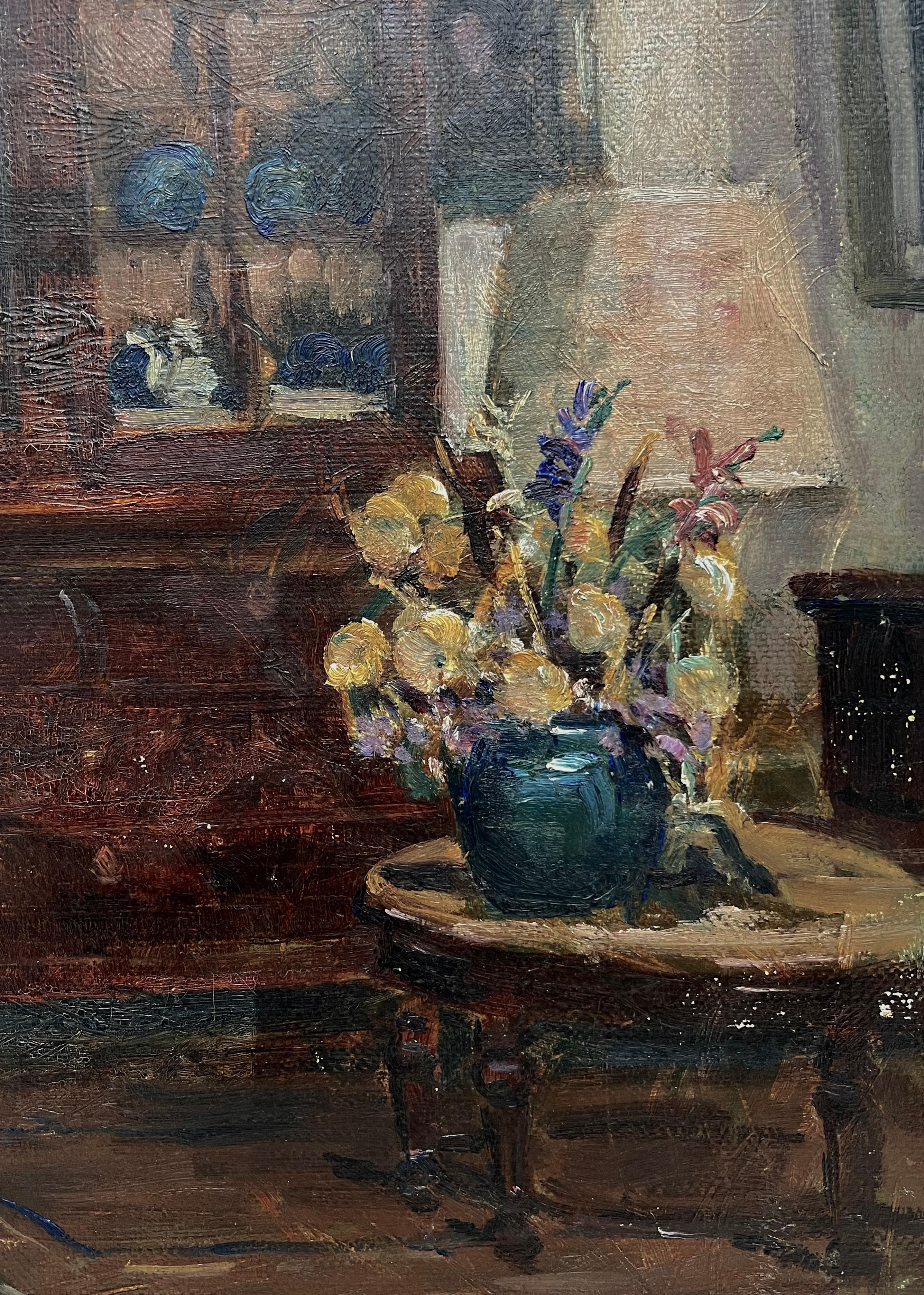 Stunning Interiors of a French Living Room with an exquisite vase of wild flowers and a collection of blue ceramics in a hutch. A striking color palette that sets a tone for this painting. Acquired from a client who purchased this in France over 40