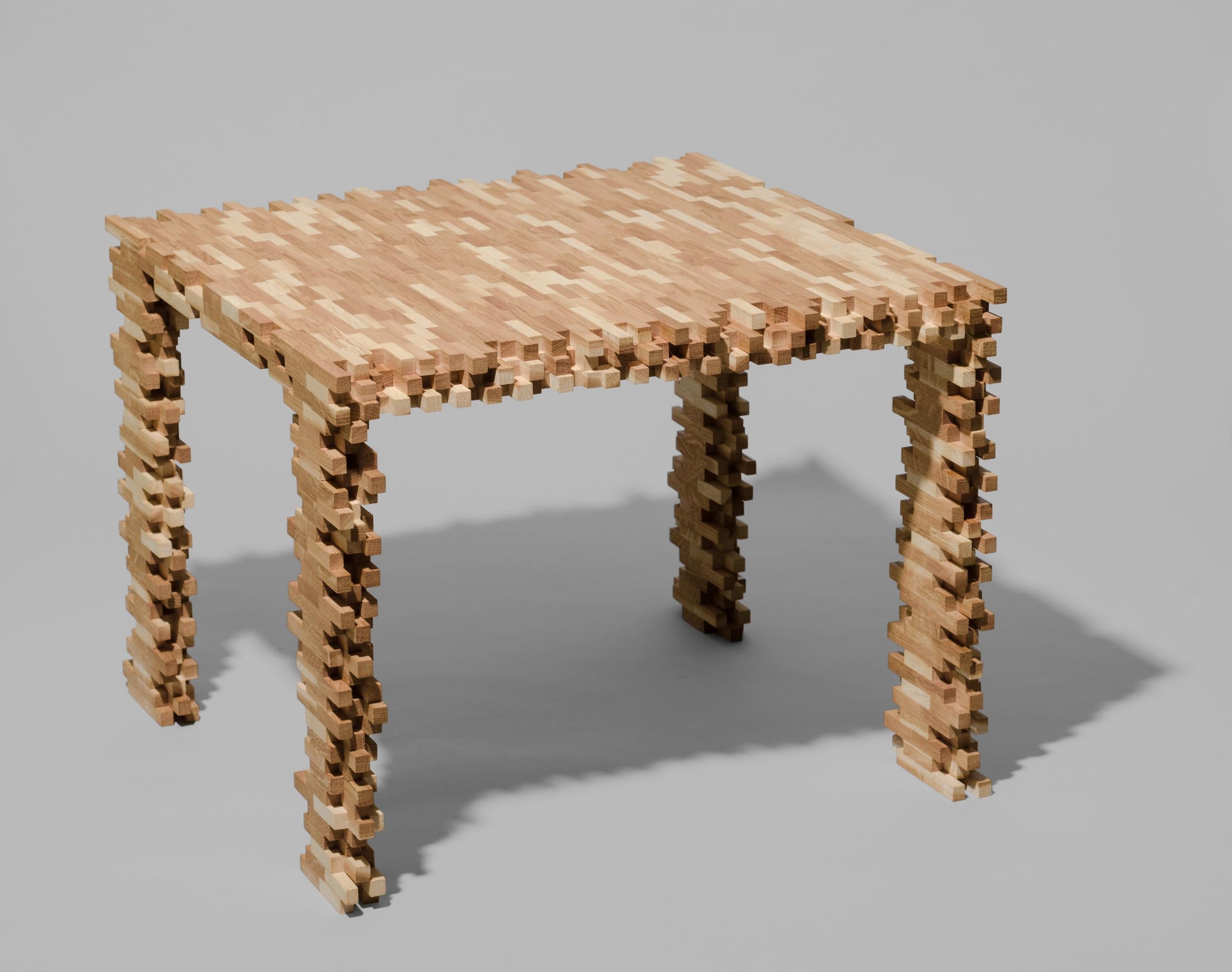 Interlaced Table by Philipp Aduatz
Limited Edition of 4
Dimensions: D 61 x W 61 x H 46 cm
Materials: Oak, steel.
Each piece is unique.

The designs of the “Interlaced Stool” and “Interlaced Coffee Table” are influenced by the beauty of failure of a