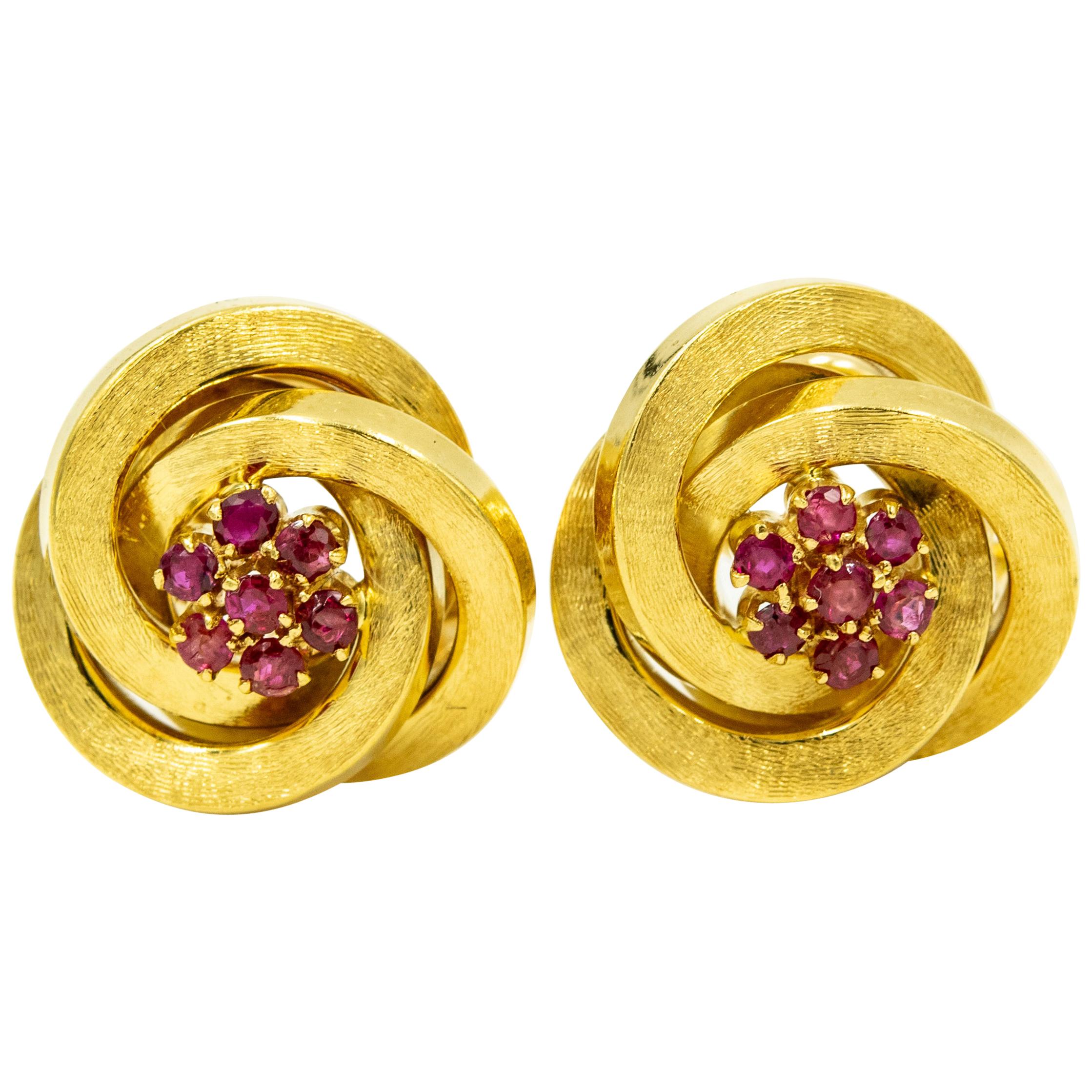 Interlocking Circles Swirl Yellow Gold and Ruby Clip-On Clip Earrings