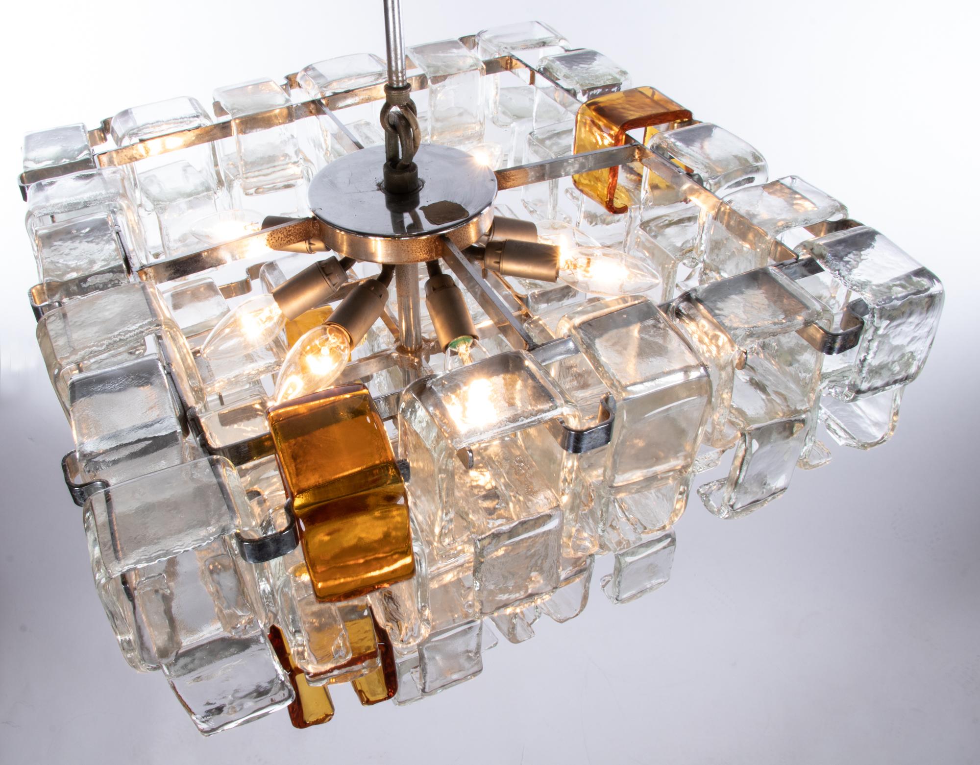 1960 Italy Poliarte Interlocking Chandelier Amber & Clear Murano Glass & Chrome 2