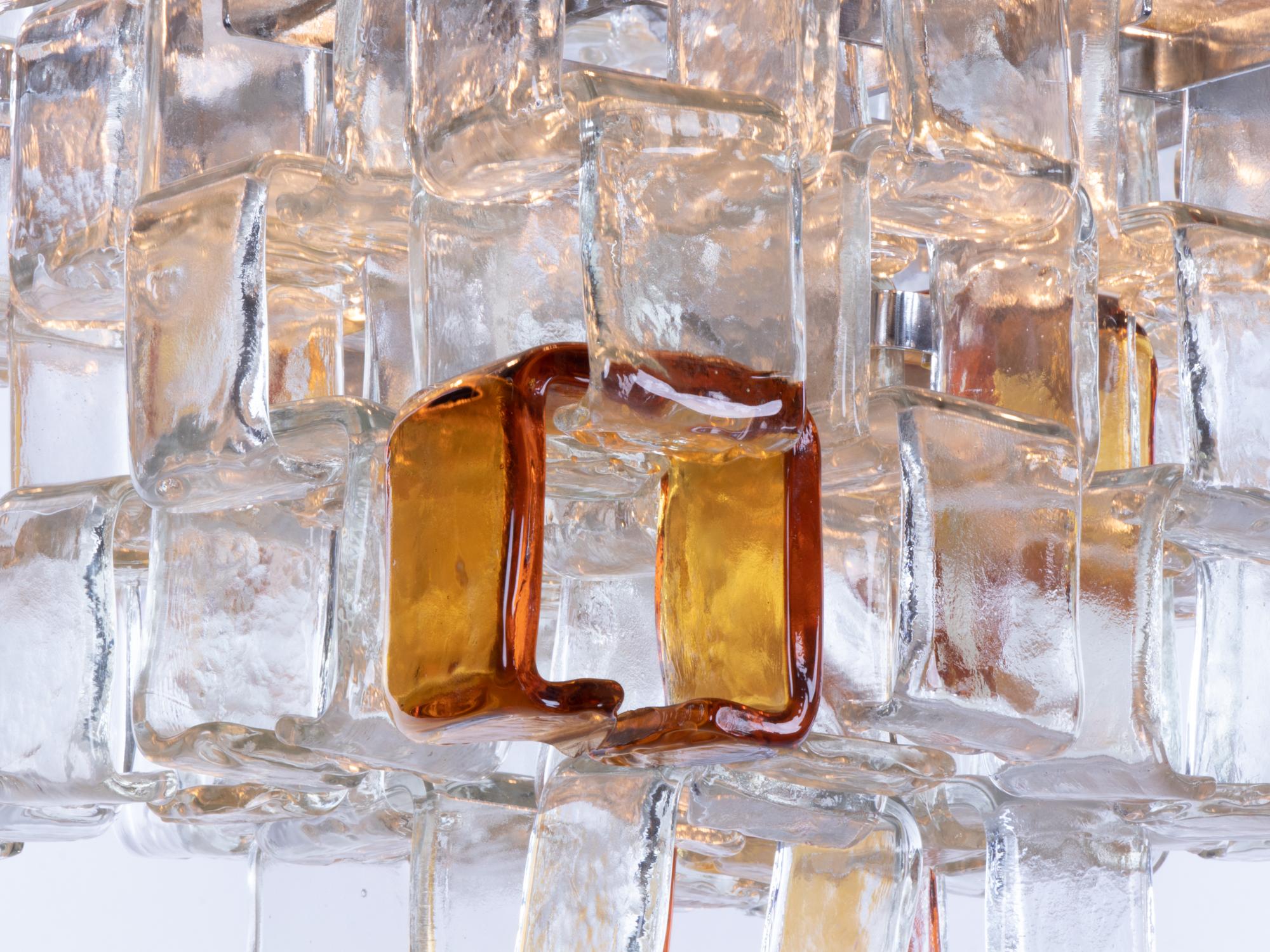 Mid-Century Modern 1960 Italy Poliarte Interlocking Chandelier Amber & Clear Murano Glass & Chrome