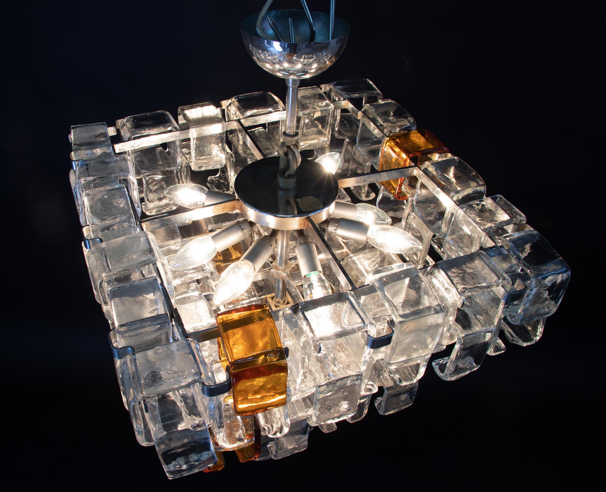 Hand-Crafted 1960 Italy Poliarte Interlocking Chandelier Amber & Clear Murano Glass & Chrome