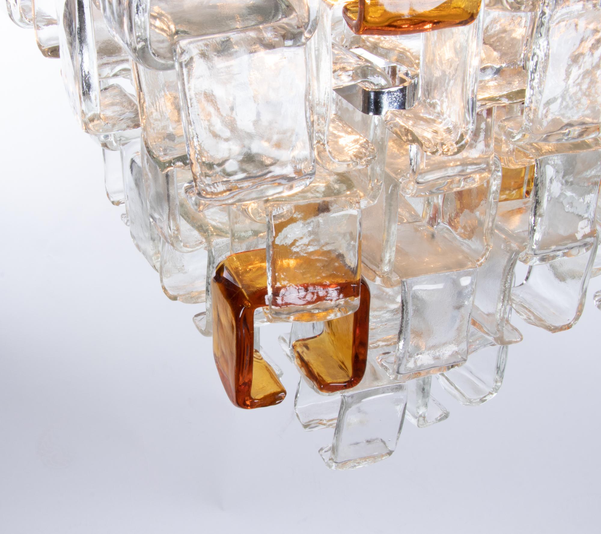 1960 Italy Poliarte Interlocking Chandelier Amber & Clear Murano Glass & Chrome 1