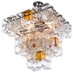 1960 Italy Poliarte Interlocking Chandelier Amber & Clear Murano Glass & Chrome