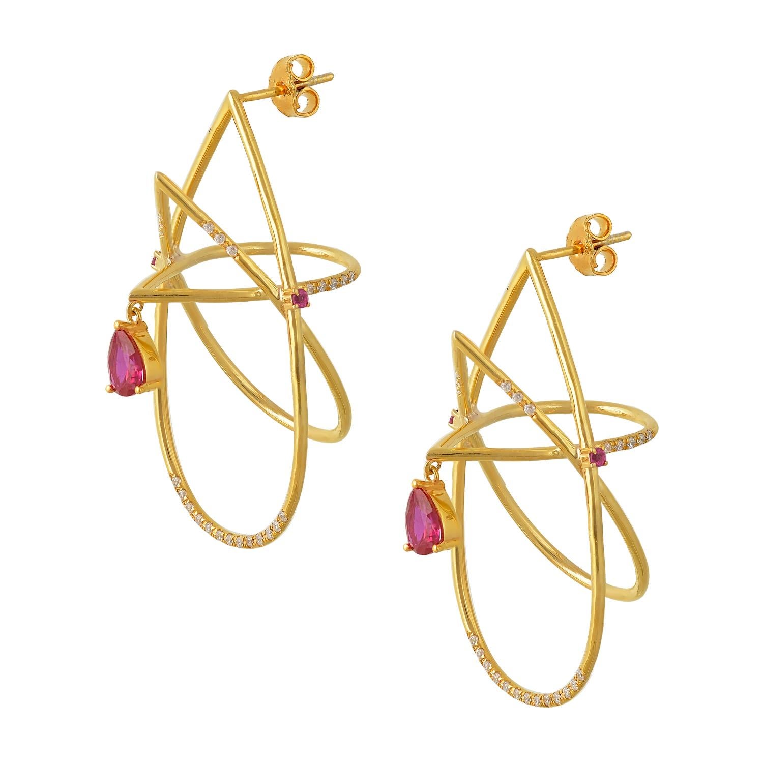 Designer: Alexia Gryllaki
Dimensions: L50x25mm
Weight: approximately 16.3g (pair)
Barcode: ING034E

The Interlocking Geometry earrings in 18 karat yellow gold with pear shape and round-cut rubies approx. 1.80cts and round brilliant-cut diamonds