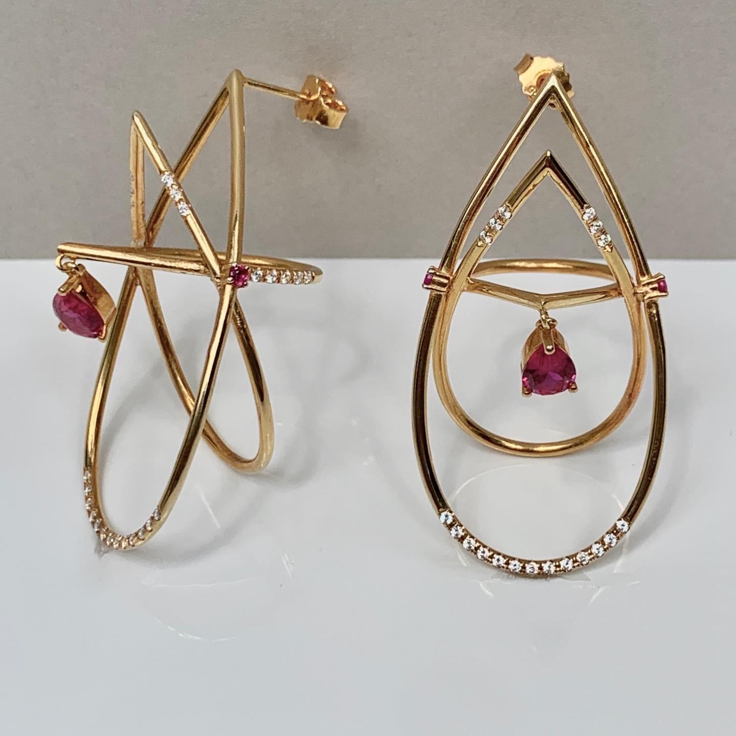 Pear Cut Interlocking Geometry Diamond and Pear Shape Ruby Gold Earrings