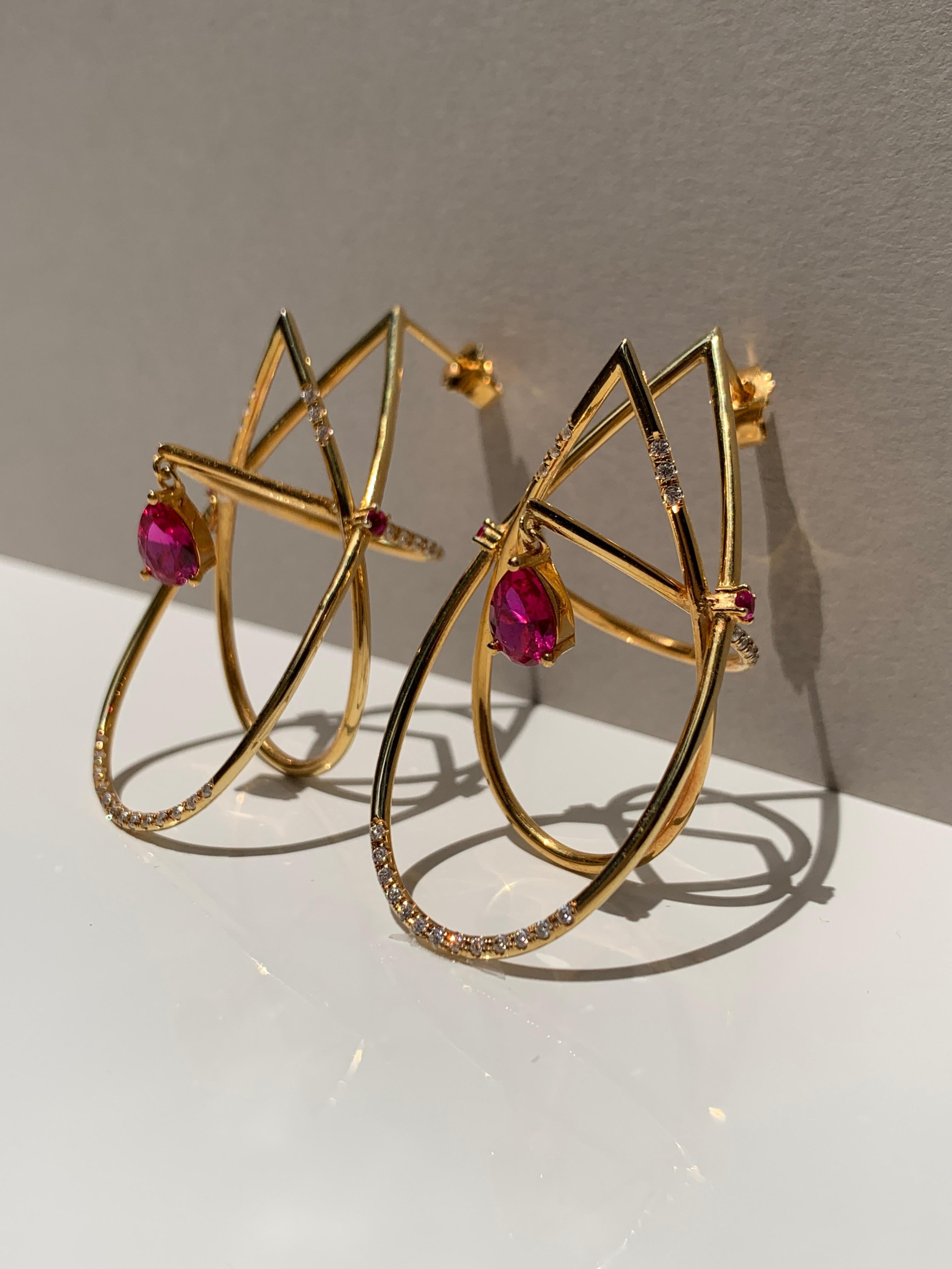 Interlocking Geometry Diamond and Pear Shape Ruby Gold Earrings In New Condition In Athens, Ekali