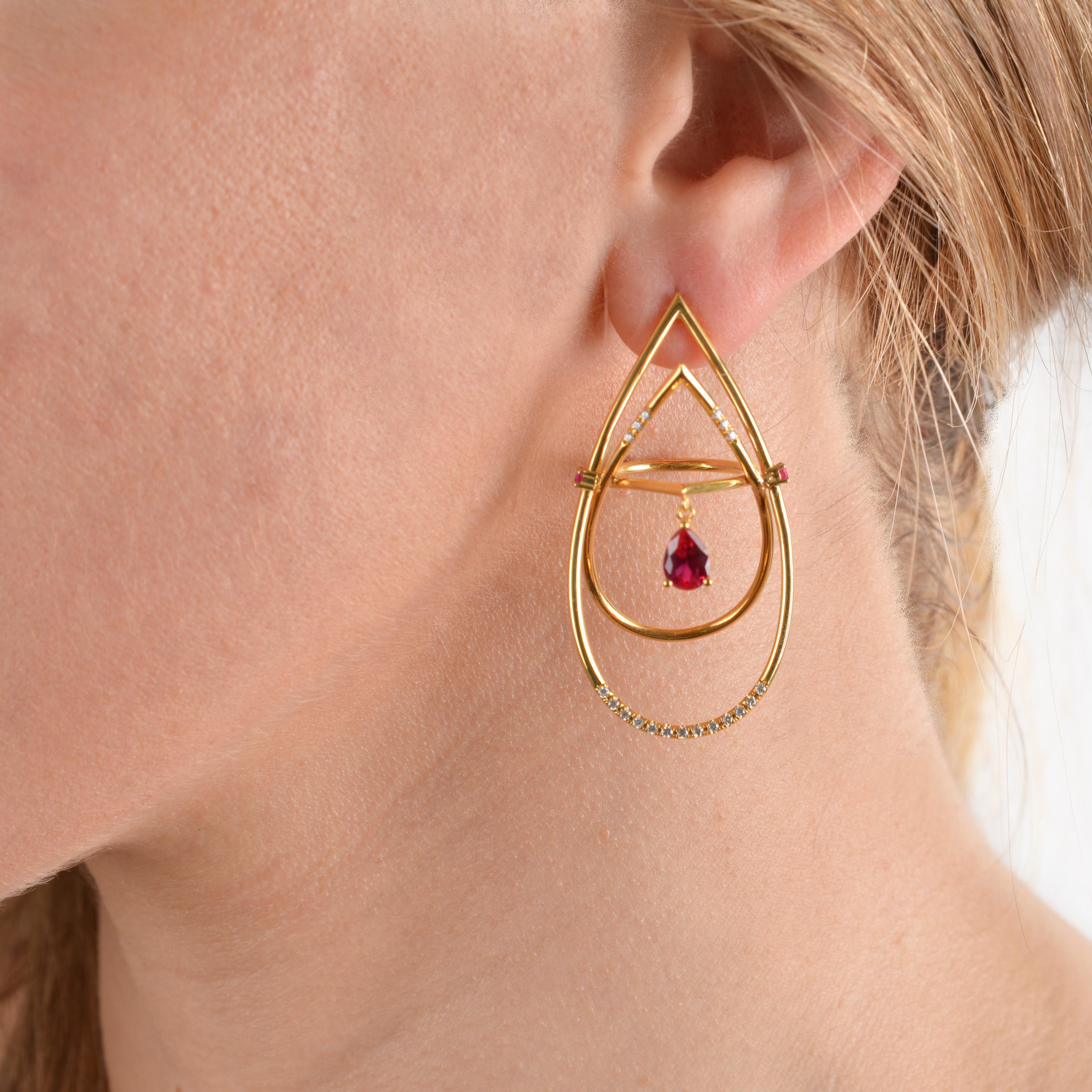 Women's Interlocking Geometry Diamond and Pear Shape Ruby Gold Earrings
