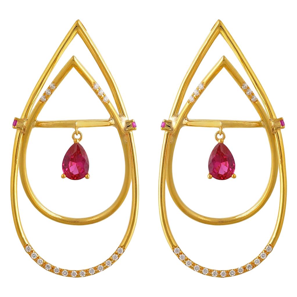 Interlocking Geometry Diamond and Pear Shape Ruby Gold Earrings