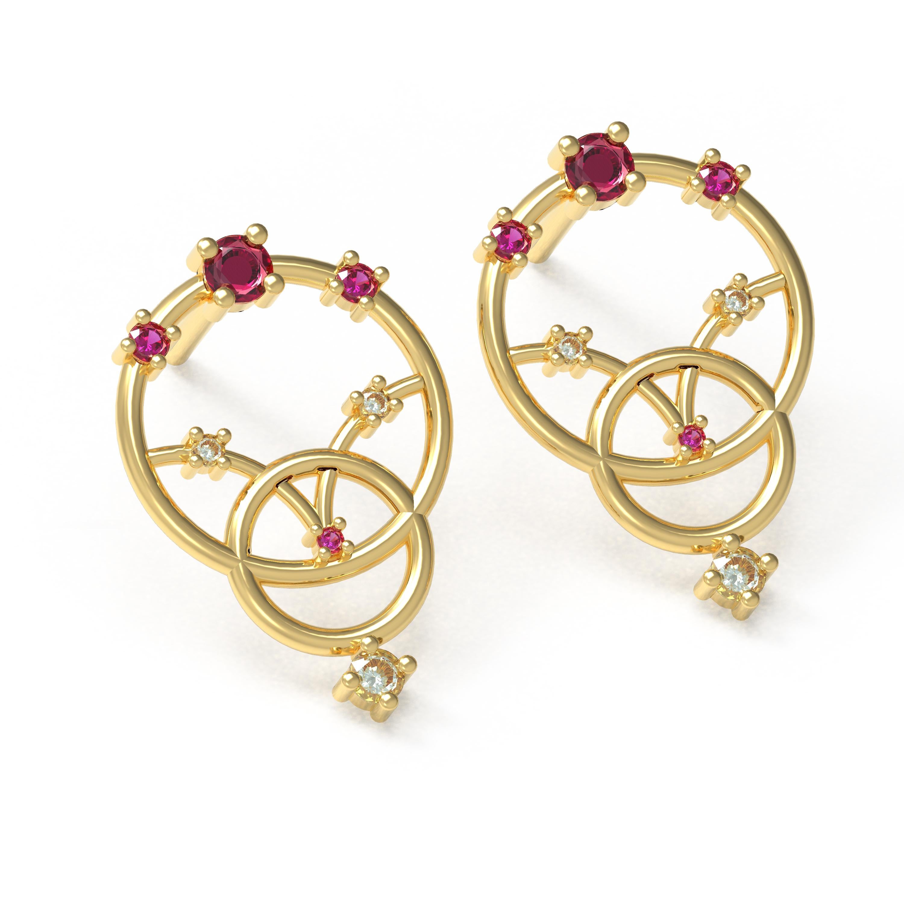 Designer: Alexia Gryllaki
Dimensions: L18x12mm
Weight: approximately 3.4g (pair)
Barcode: ING033E

The Interlocking Geometry earrings in 18 karat yellow gold with rubies approx. 0.24cts and round brilliant-cut diamonds approx. 0.13cts.

About the