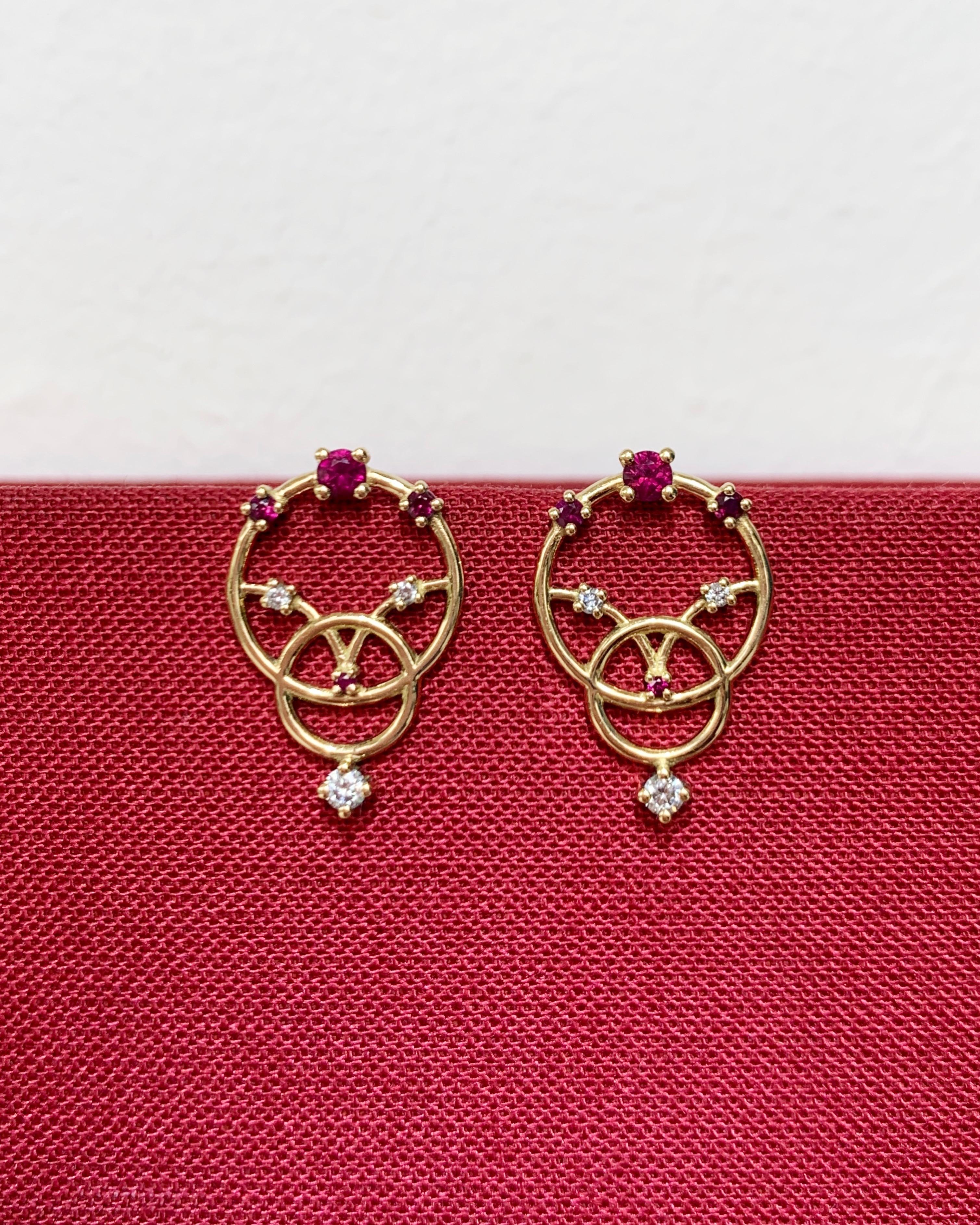 Contemporary Interlocking Geometry Diamond and Ruby Gold Earrings