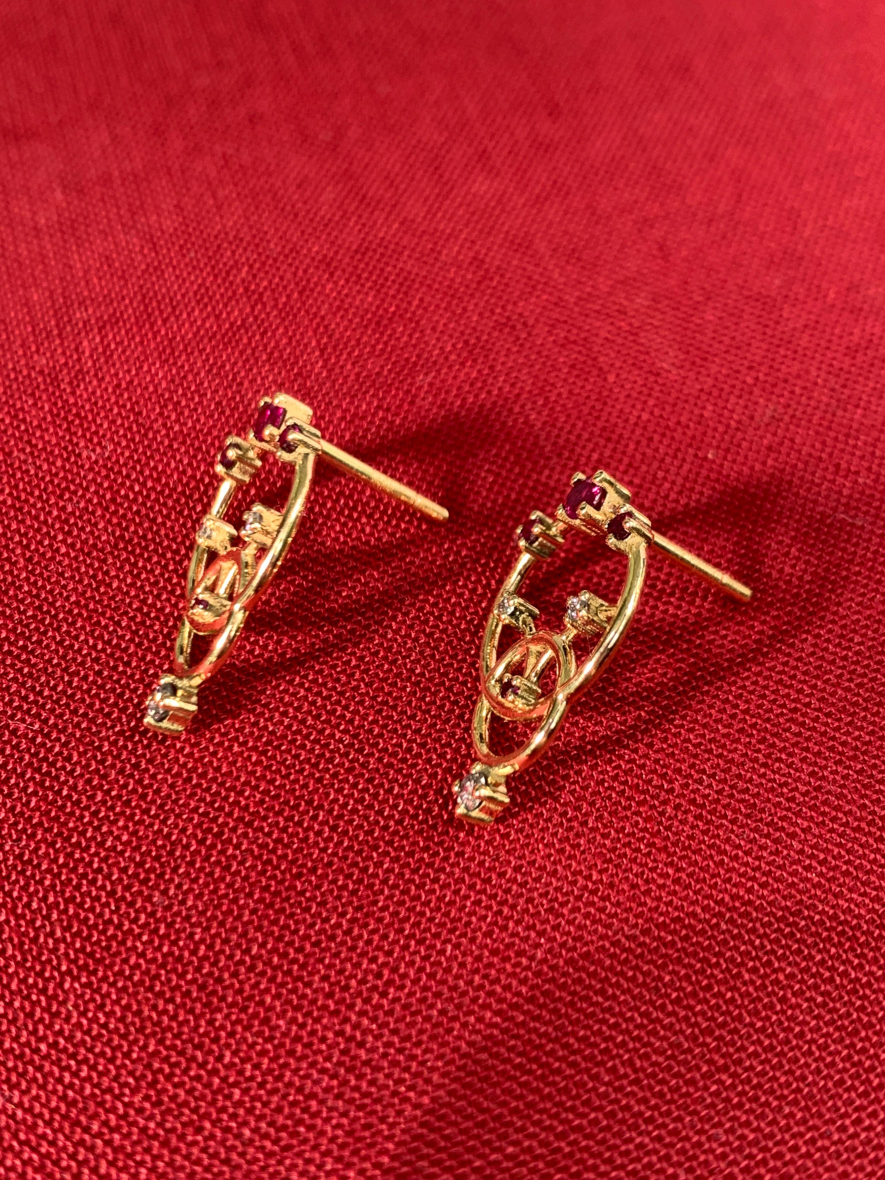 Round Cut Interlocking Geometry Diamond and Ruby Gold Earrings