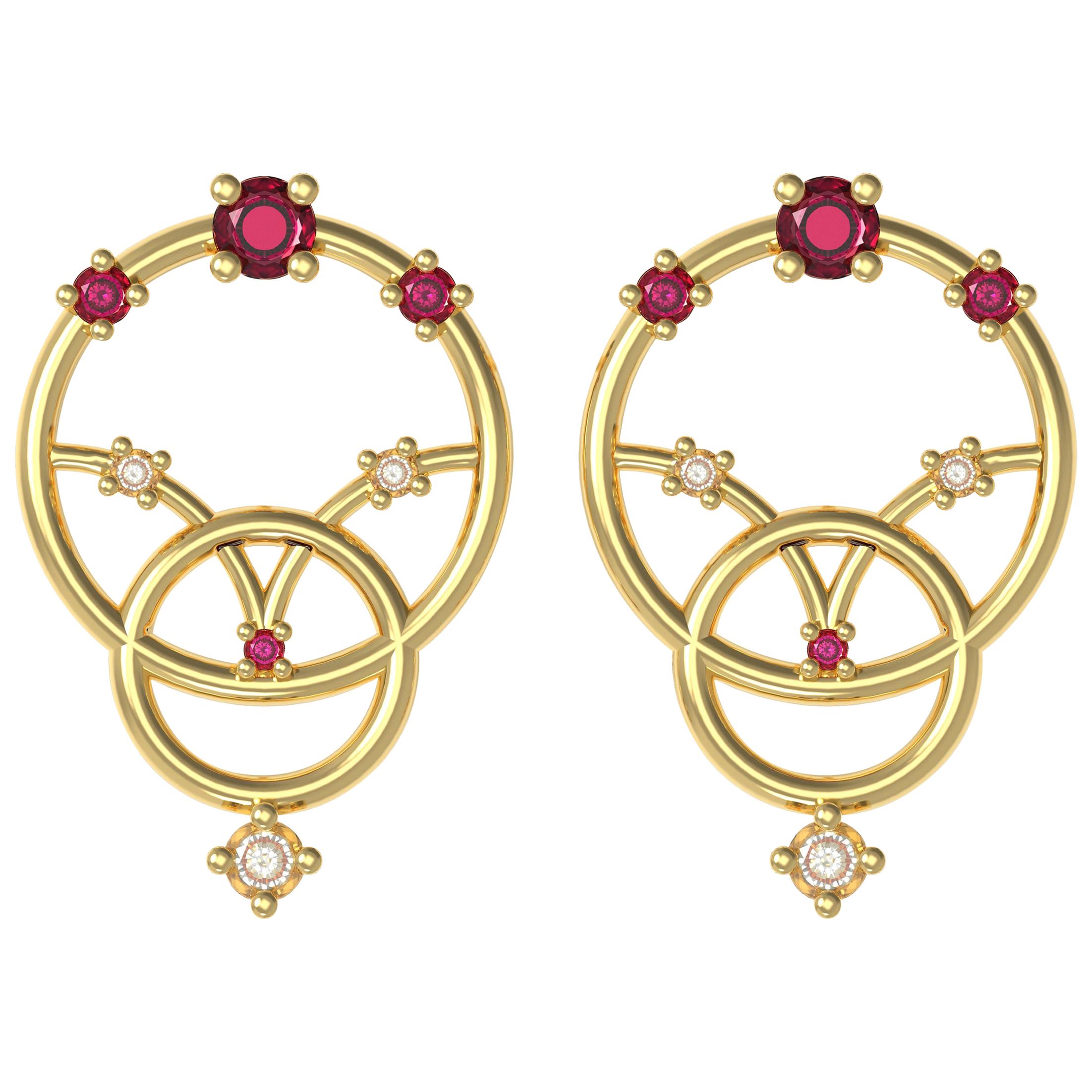 Interlocking Geometry Diamond and Ruby Gold Earrings