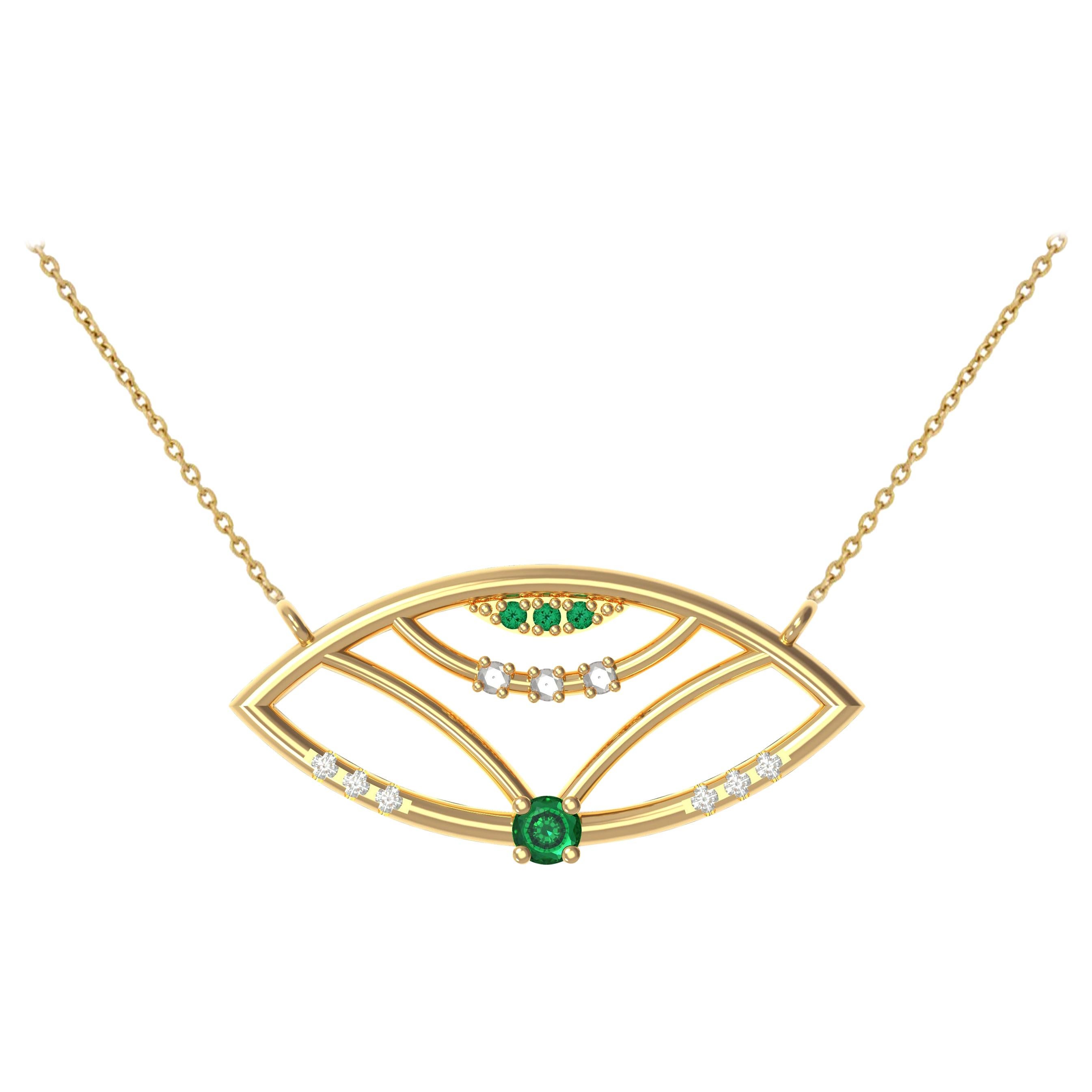 Interlocking Geometry Emerald and Diamond 18 Karat Gold Evil Eye Pendant