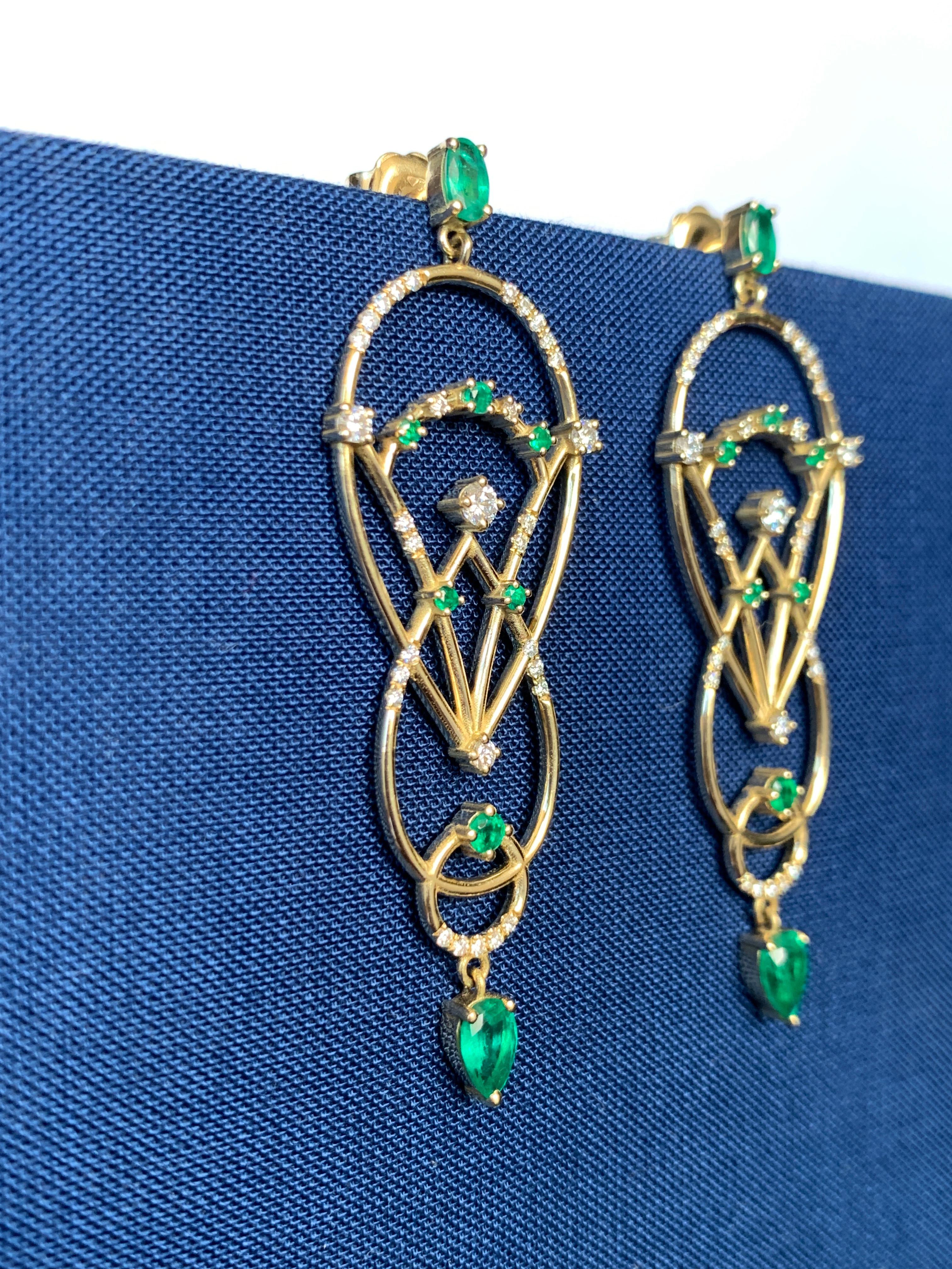 Contemporary Interlocking Geometry Emerald and Diamond Gold Pear Earrings