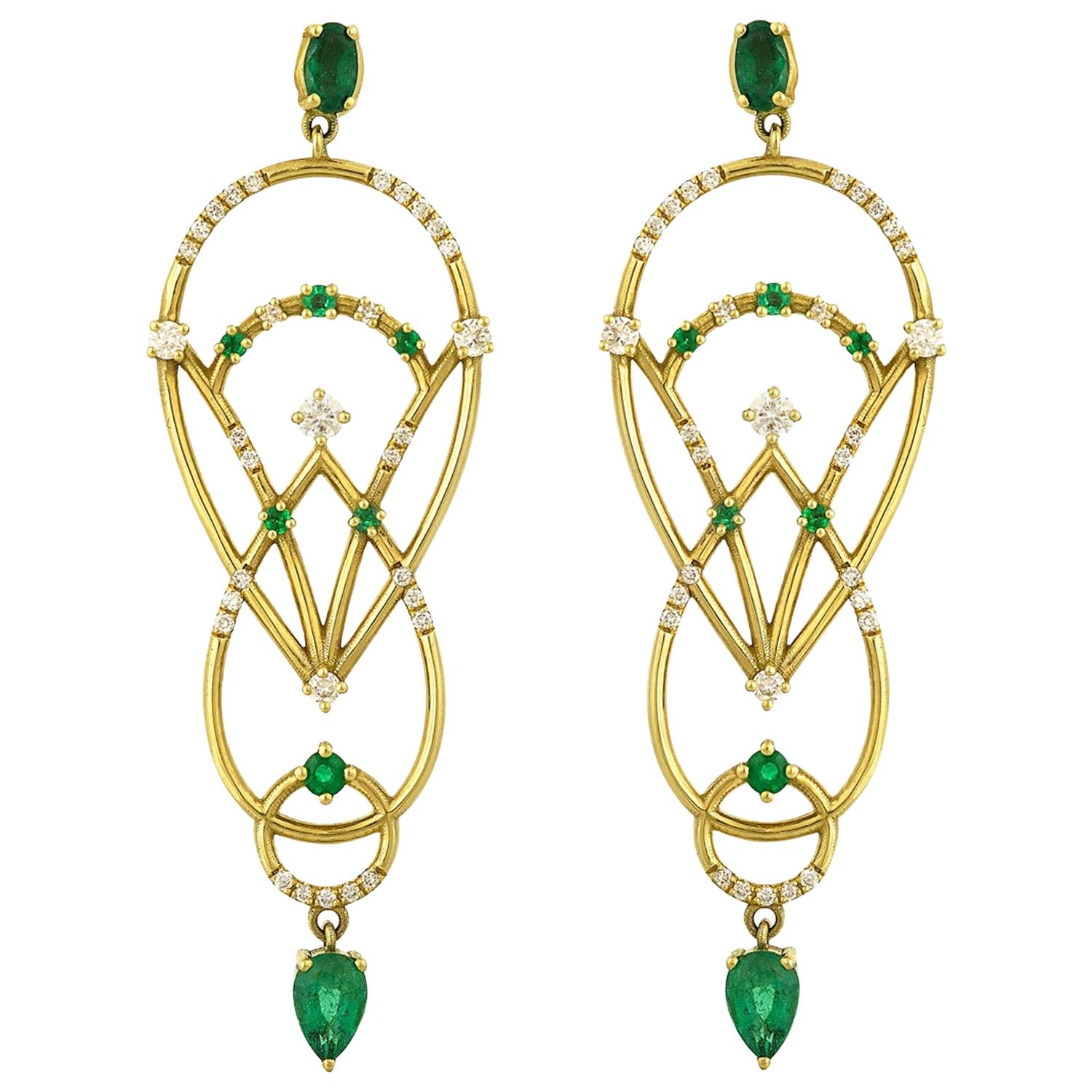Interlocking Geometry Emerald and Diamond Gold Pear Earrings