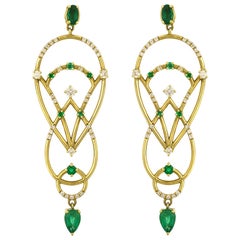 Interlocking Geometry Emerald and Diamond Gold Pear Earrings