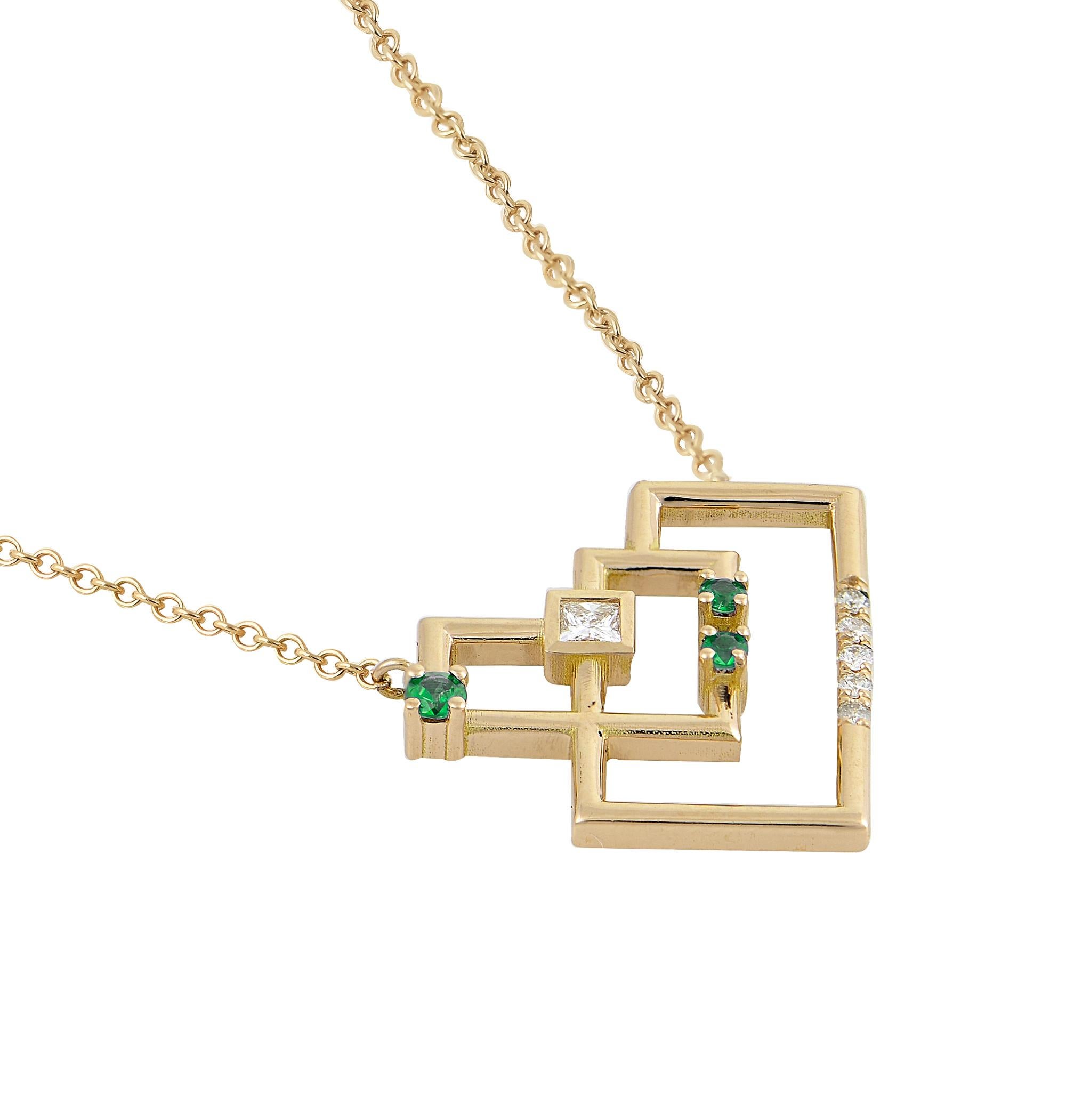 Designer: Alexia Gryllaki

Dimensions: motif 17x19mm, chain 450mm
Weight: approximately 3.5g 
Barcode: ING027PE

The Interlocking Geometry pendant in 18 karat yellow gold with emeralds approx. 0.07cts, a princess-cut diamonds and round brilliant-cut