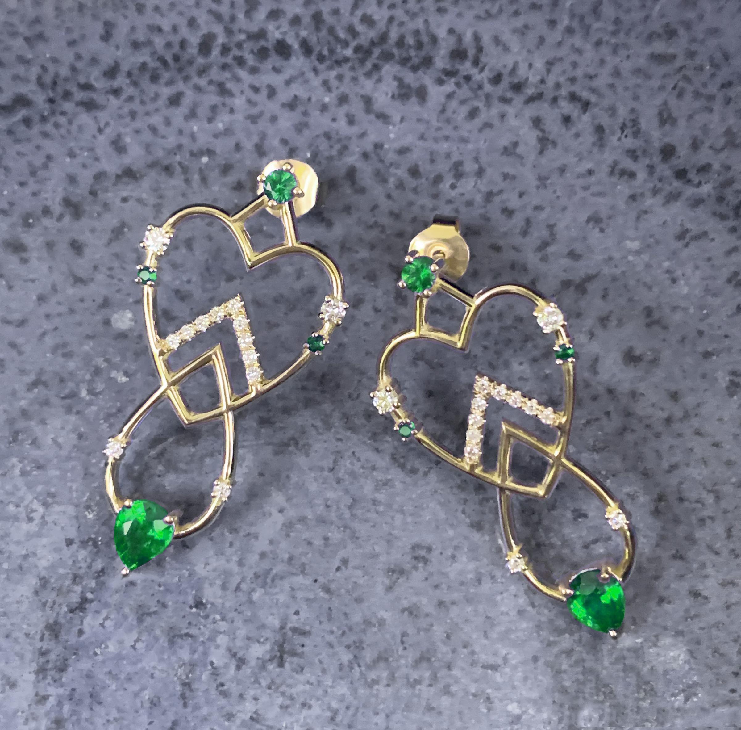 Contemporary Interlocking Geometry Emerald and Diamond Long Earrings
