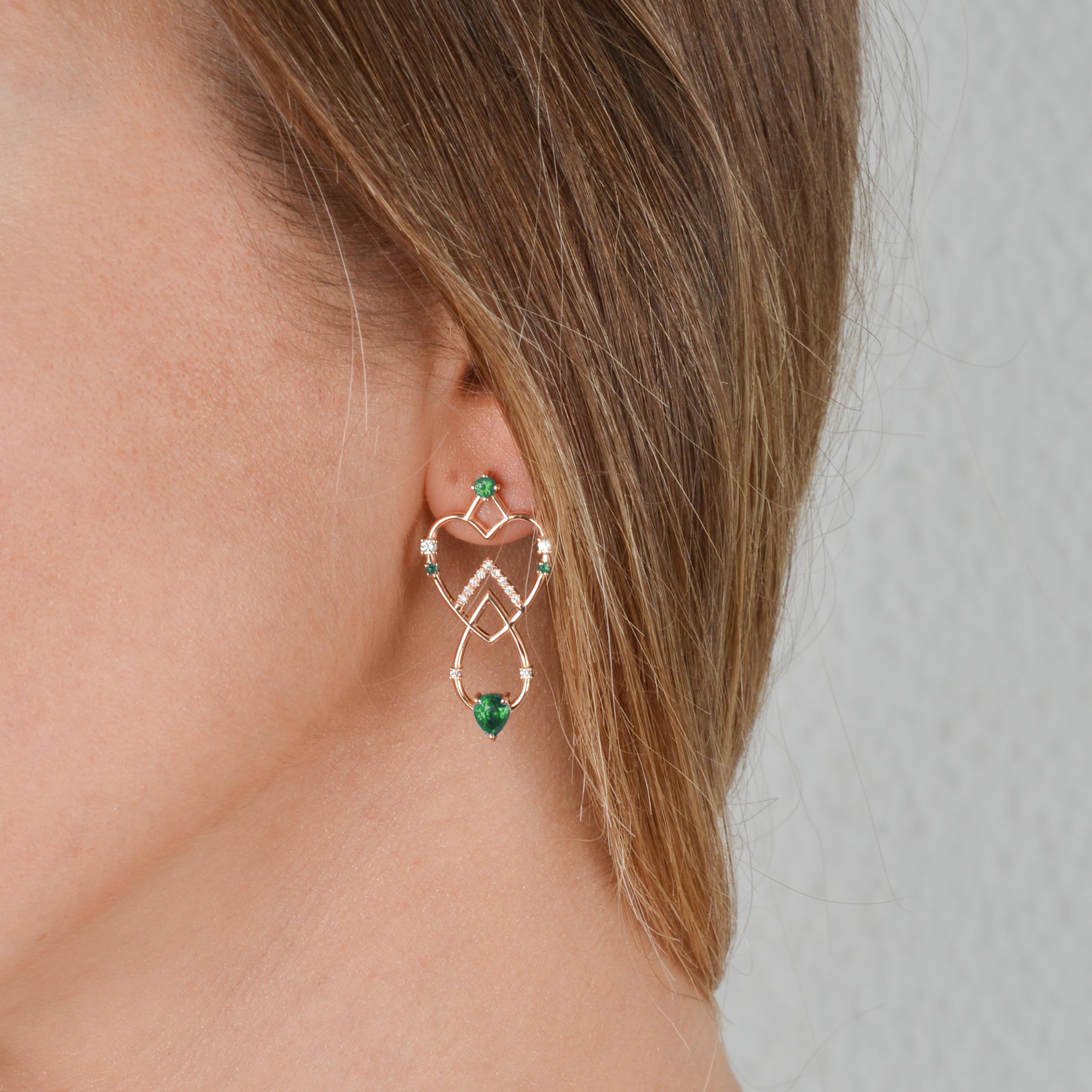 Round Cut Interlocking Geometry Emerald and Diamond Long Earrings