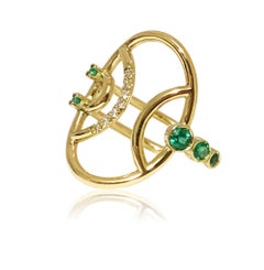 Interlocking Geometry Emerald and Diamond Oval Ring