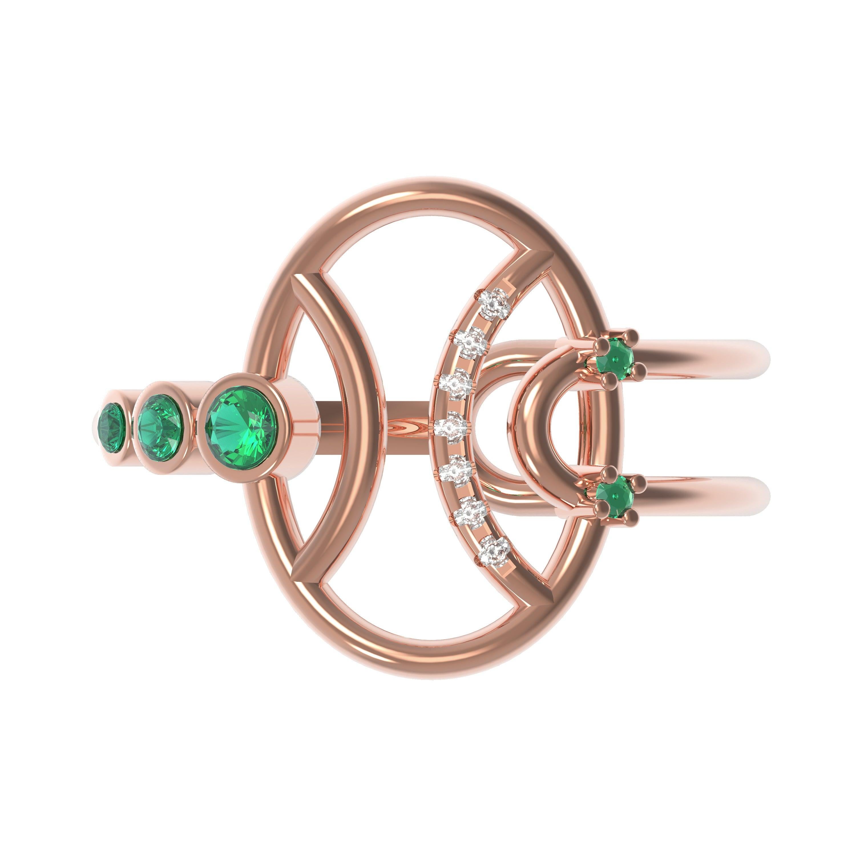 Interlocking Geometry Emerald and Diamond Rose Gold Pinky Ring 2