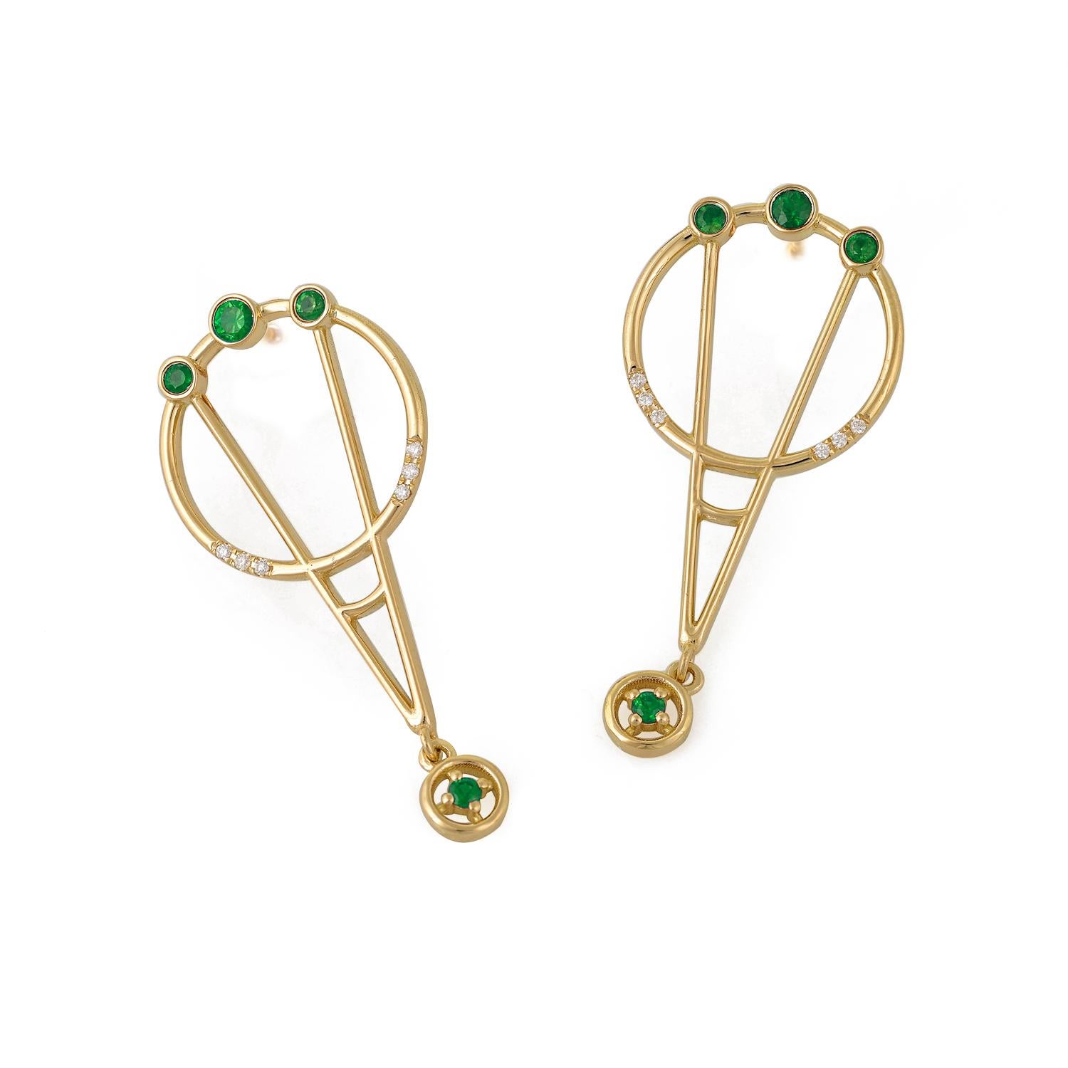 Contemporary Interlocking Geometry Emerald Diamond 18 Karat Gold Earrings