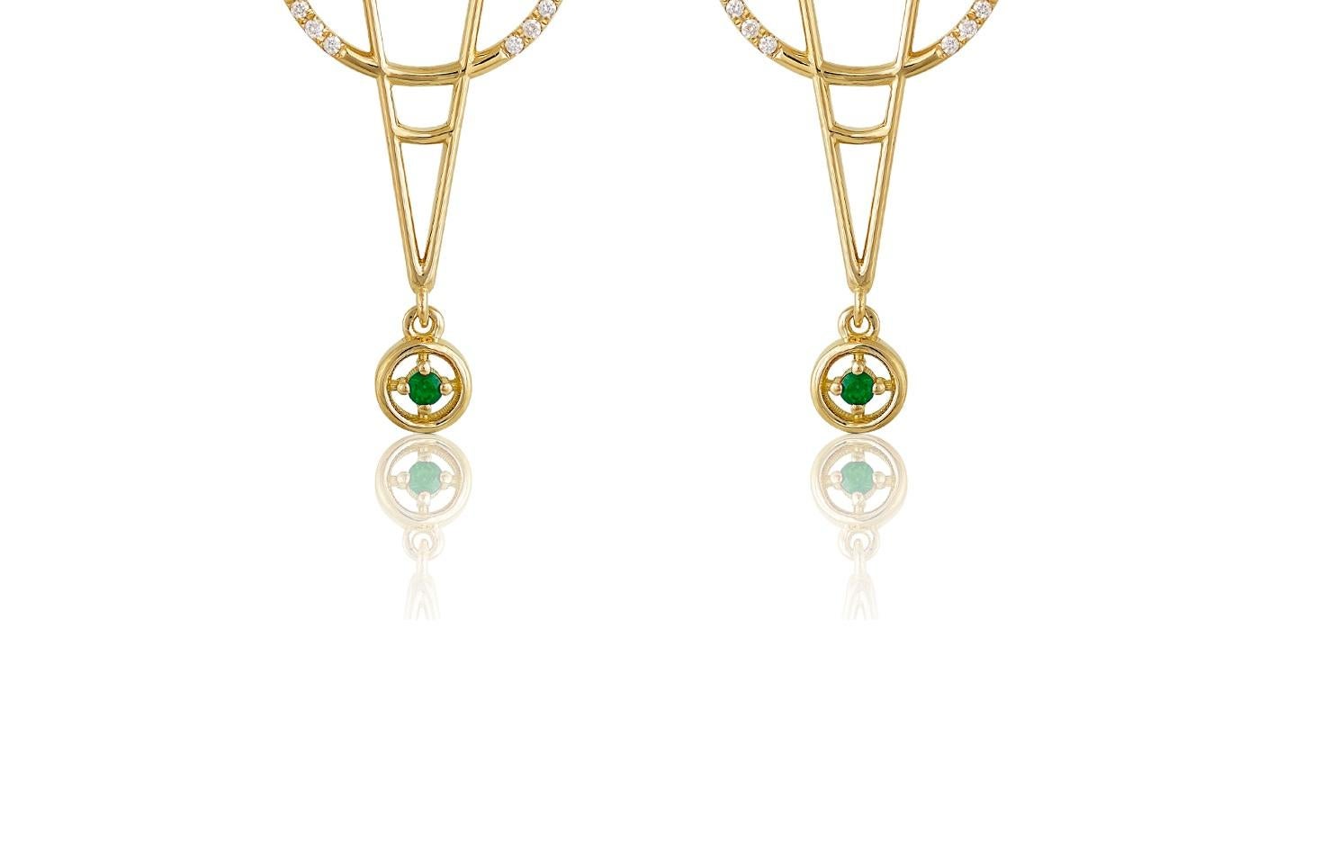 Round Cut Interlocking Geometry Emerald Diamond 18 Karat Gold Earrings