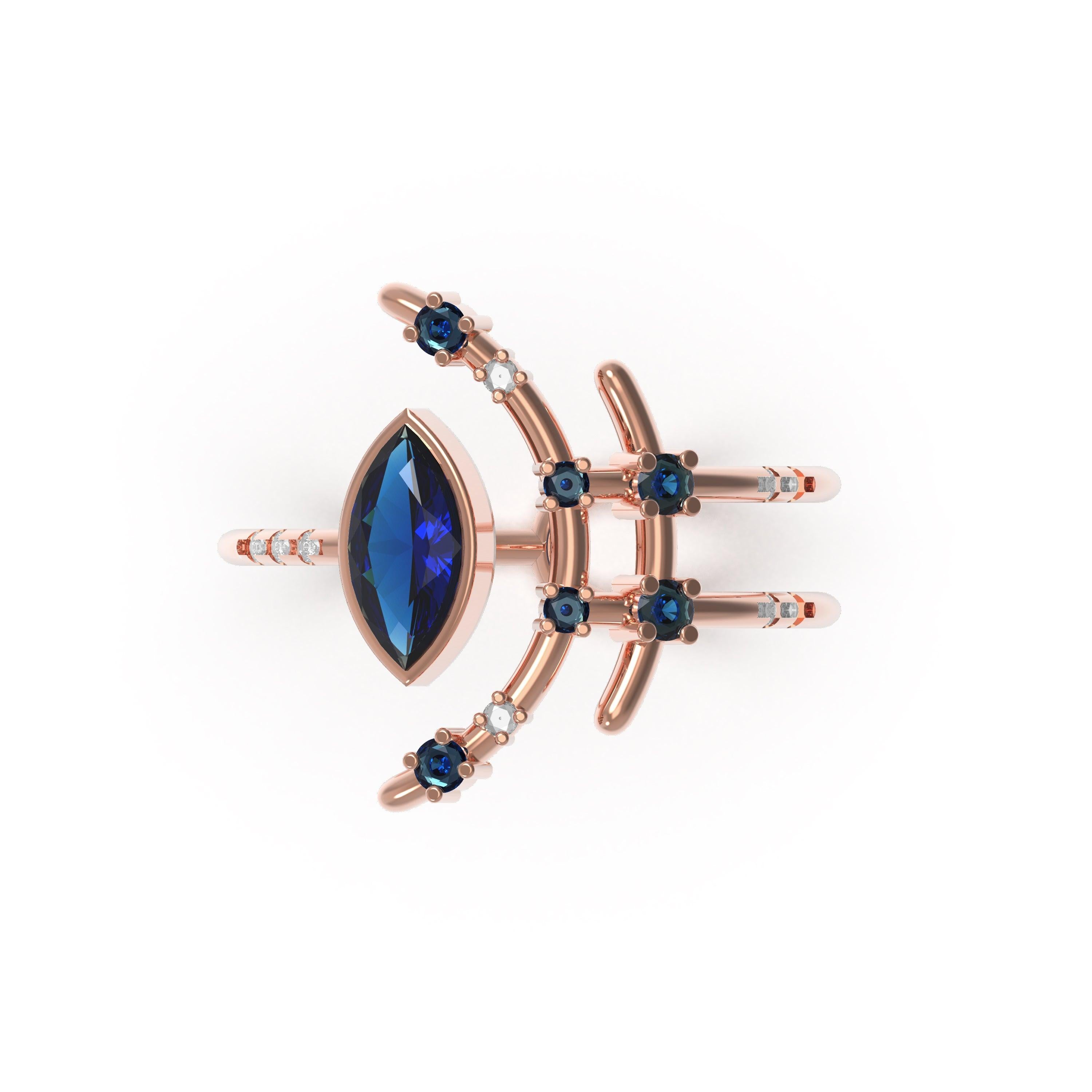 Interlocking Geometry Marquise Sapphire and Diamond Rose Gold Ring 2