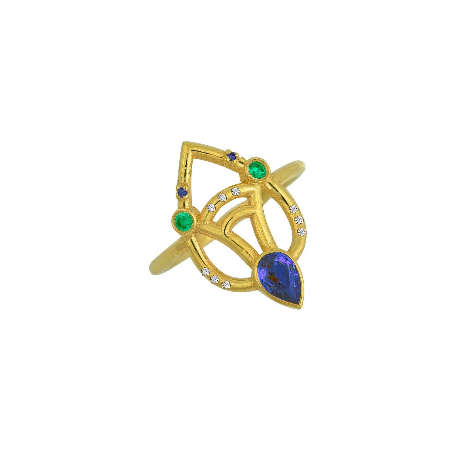 Interlocking Geometry Multi-Stone Sapphire and Emerald Gold Ring 2