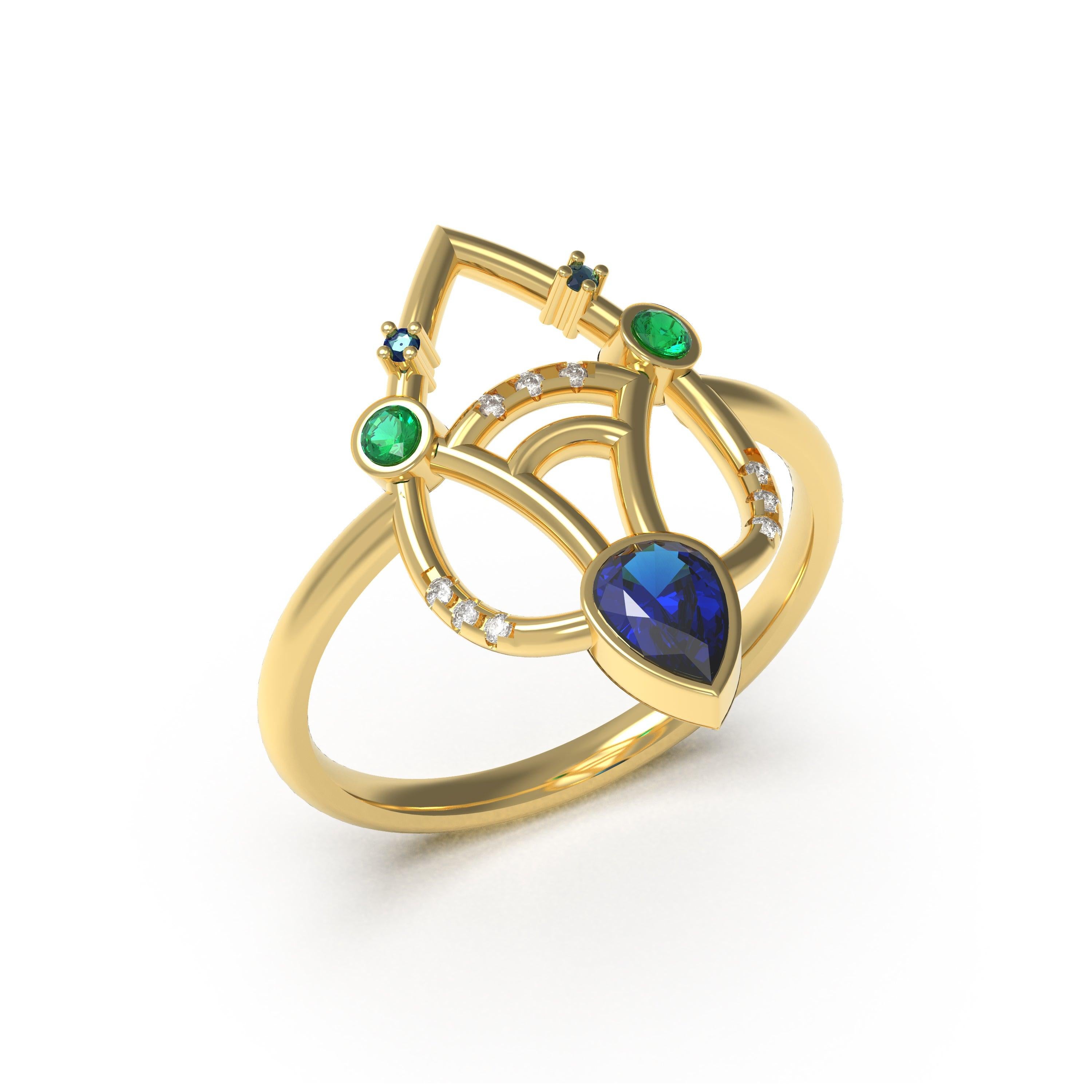 Interlocking Geometry Multi-Stone Sapphire and Emerald Gold Ring 3