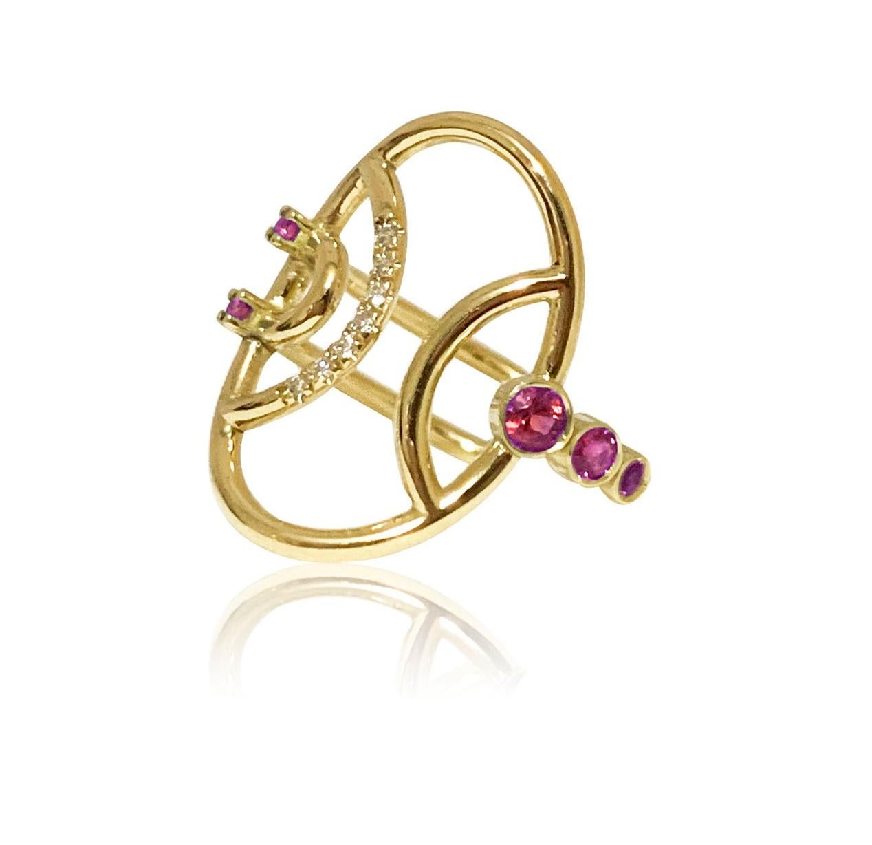 Interlocking Geometry Oval Ring with Rubies and Diamonds in 18 Karat Gold 2