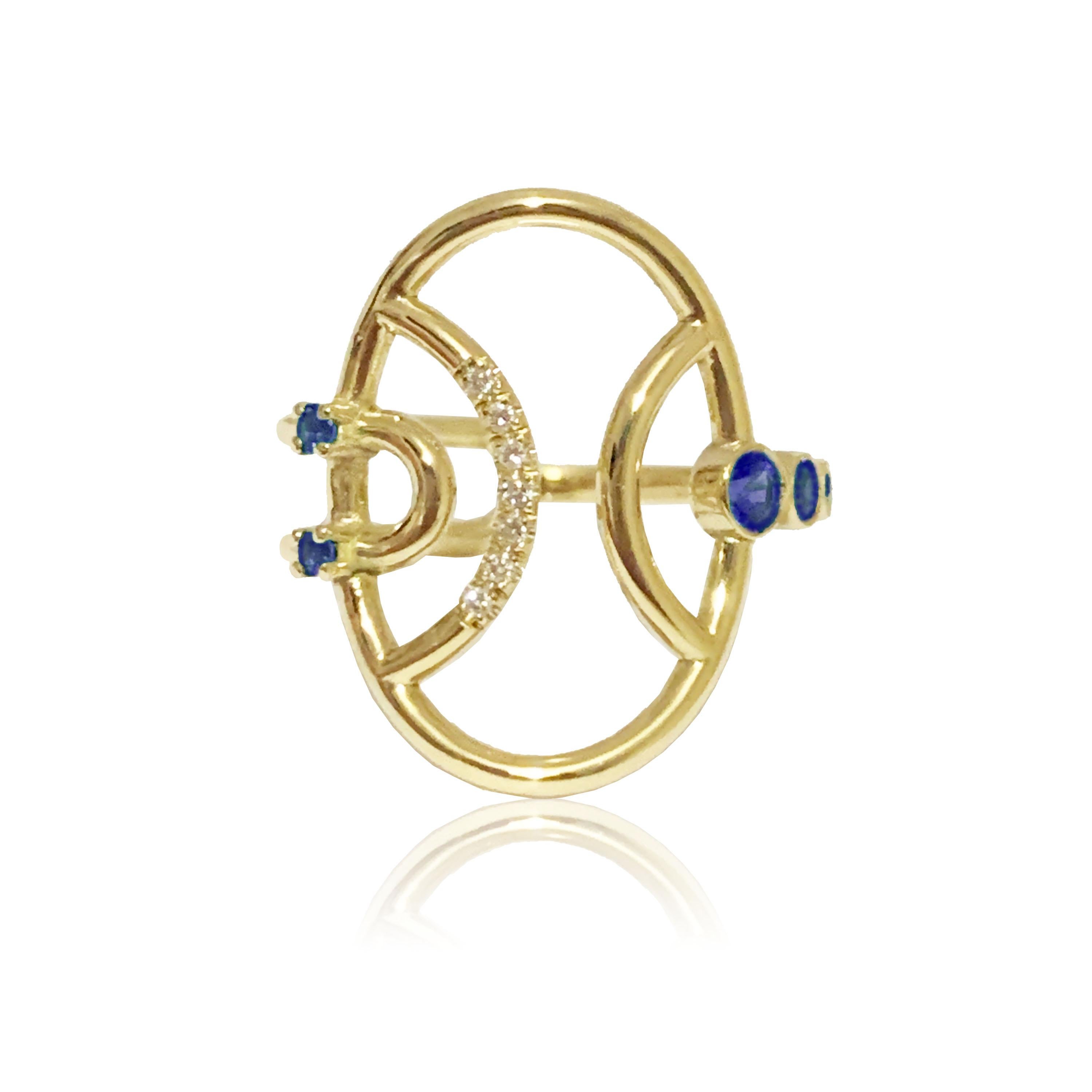 Interlocking Geometry Oval Ring with Sapphires and Diamonds in 18 Karat Gold 2