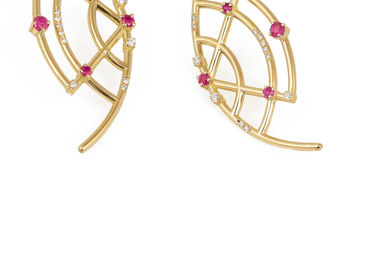 Contemporary Interlocking Geometry Ruby and Diamond 18 Karat Gold Earrings