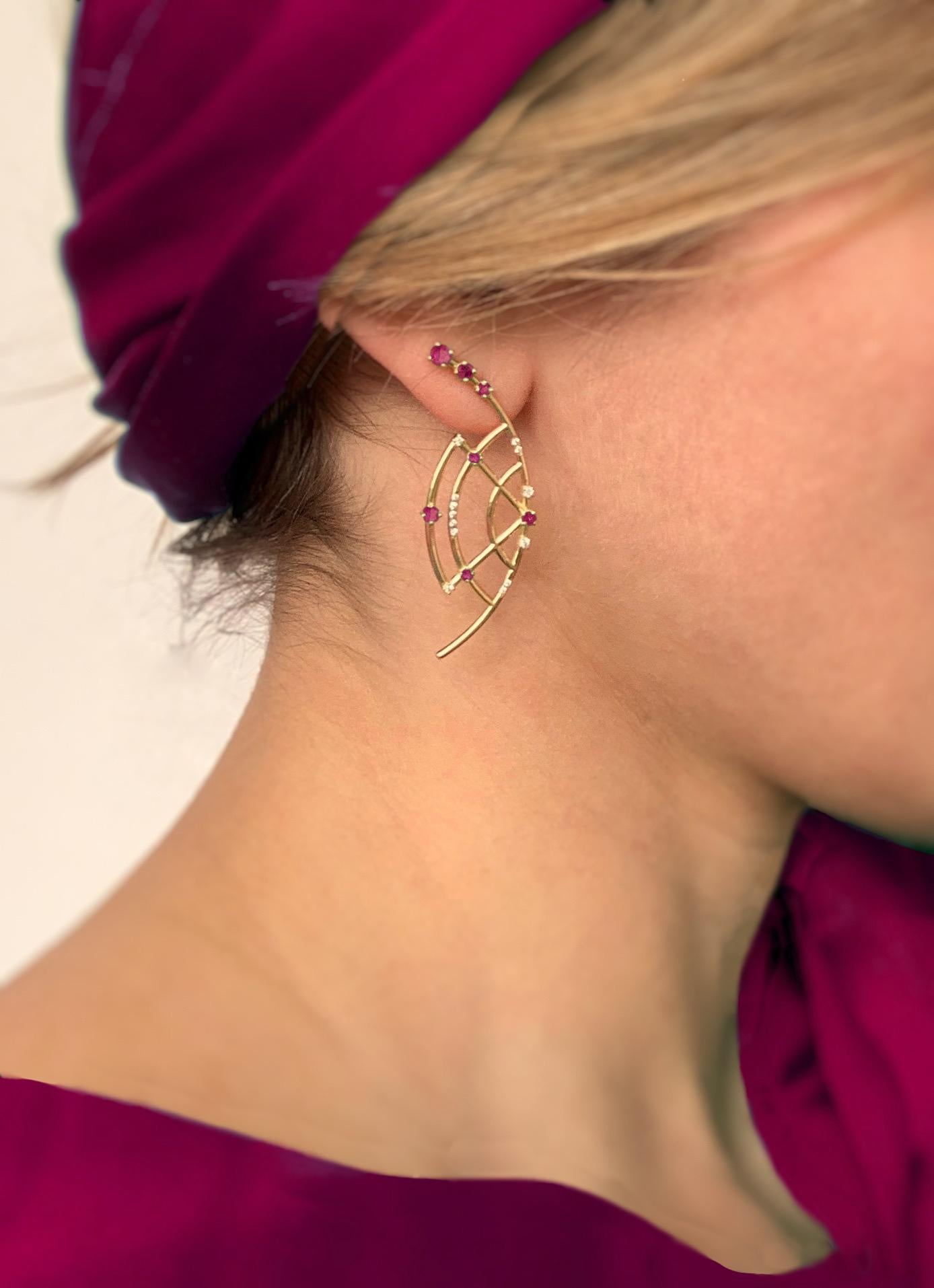 Round Cut Interlocking Geometry Ruby and Diamond 18 Karat Gold Earrings