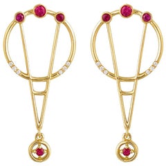 Interlocking Geometry Ruby and Diamond 18 Karat Gold Earrings