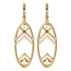 Interlocking Geometry Ruby and Diamond 18 Karat Gold Earrings