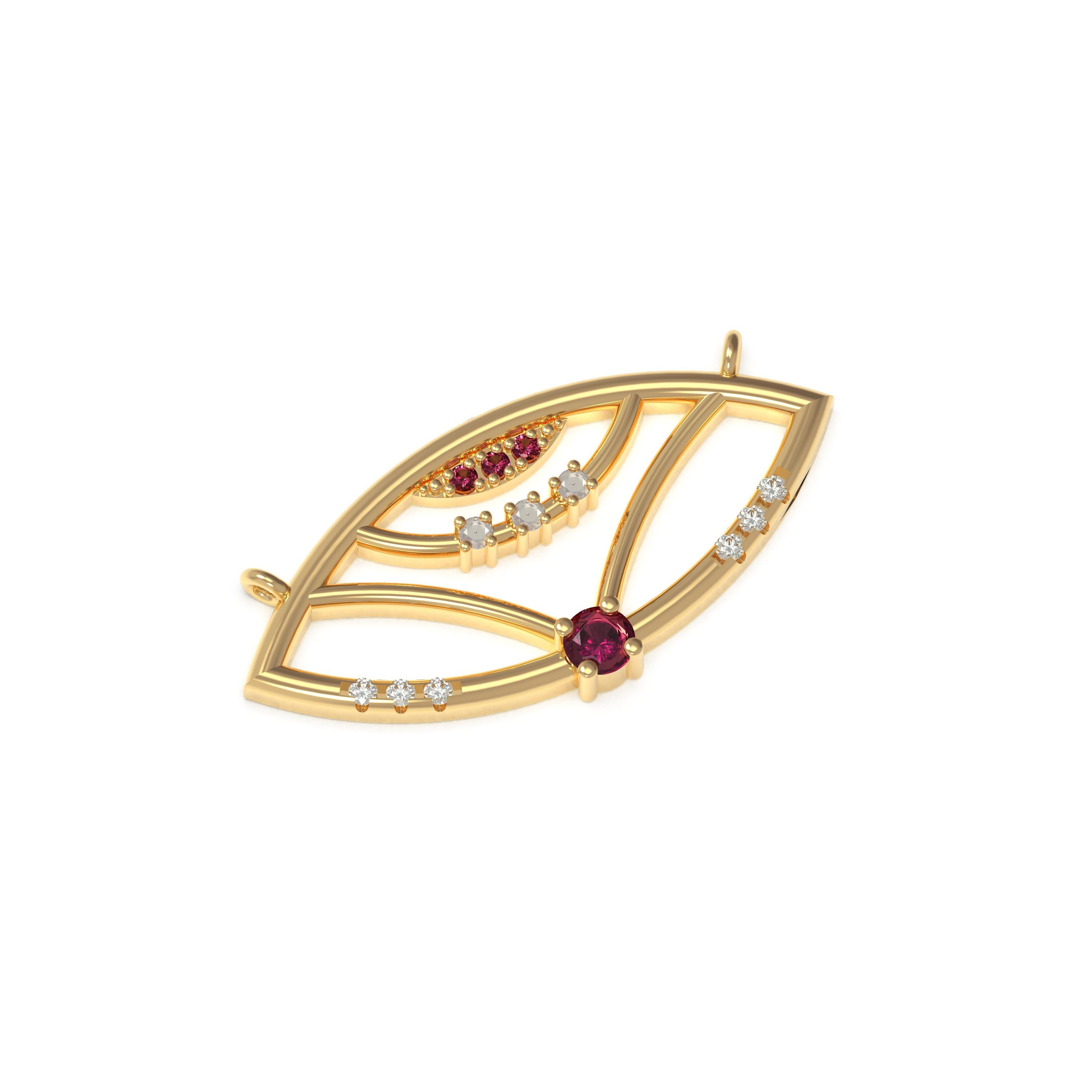 Designer: Alexia Gryllaki
Dimensions: motif 23x11mm, chain 450mm
Weight: approximately 3.6g 
Barcode: ING032P

The Interlocking Geometry pendant in 18 karat yellow gold with rubies approx. 0.12cts and round brilliant-cut diamonds approx.