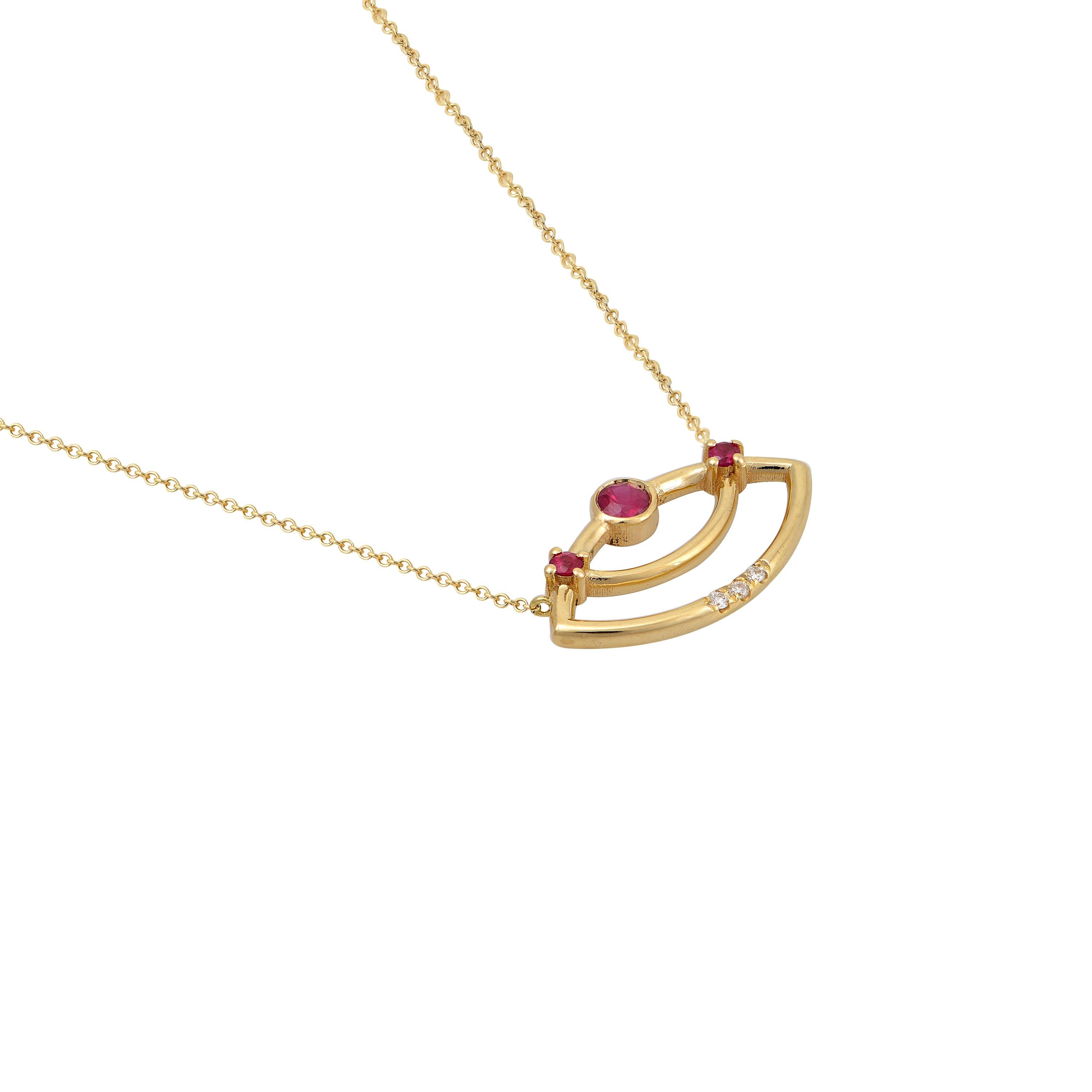 Designer: Alexia Gryllaki
Dimensions: motif 19x16mm, chain 420mm and a second link at 400mm
Weight: approximately 2.3g 
Barcode: ING042P

The Interlocking Geometry pendant in 18 karat yellow gold with rubies approx. 0.17cts and round brilliant-cut