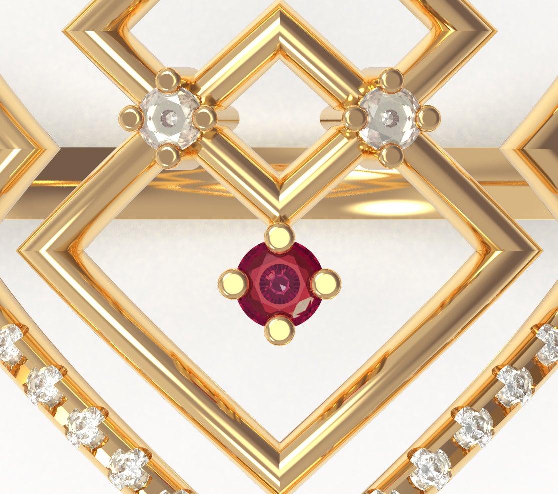 Interlocking Geometry Ruby and Diamond 18 Karat Gold Ring 4