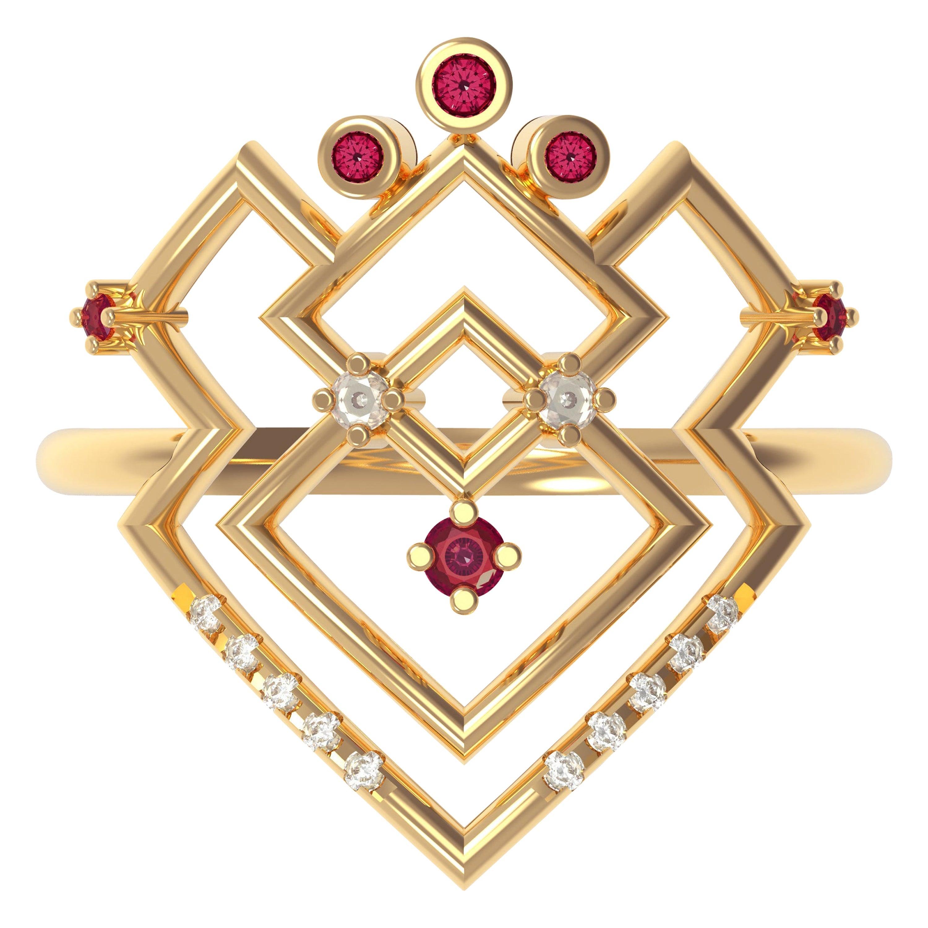 Interlocking Geometry Ruby and Diamond 18 Karat Gold Ring