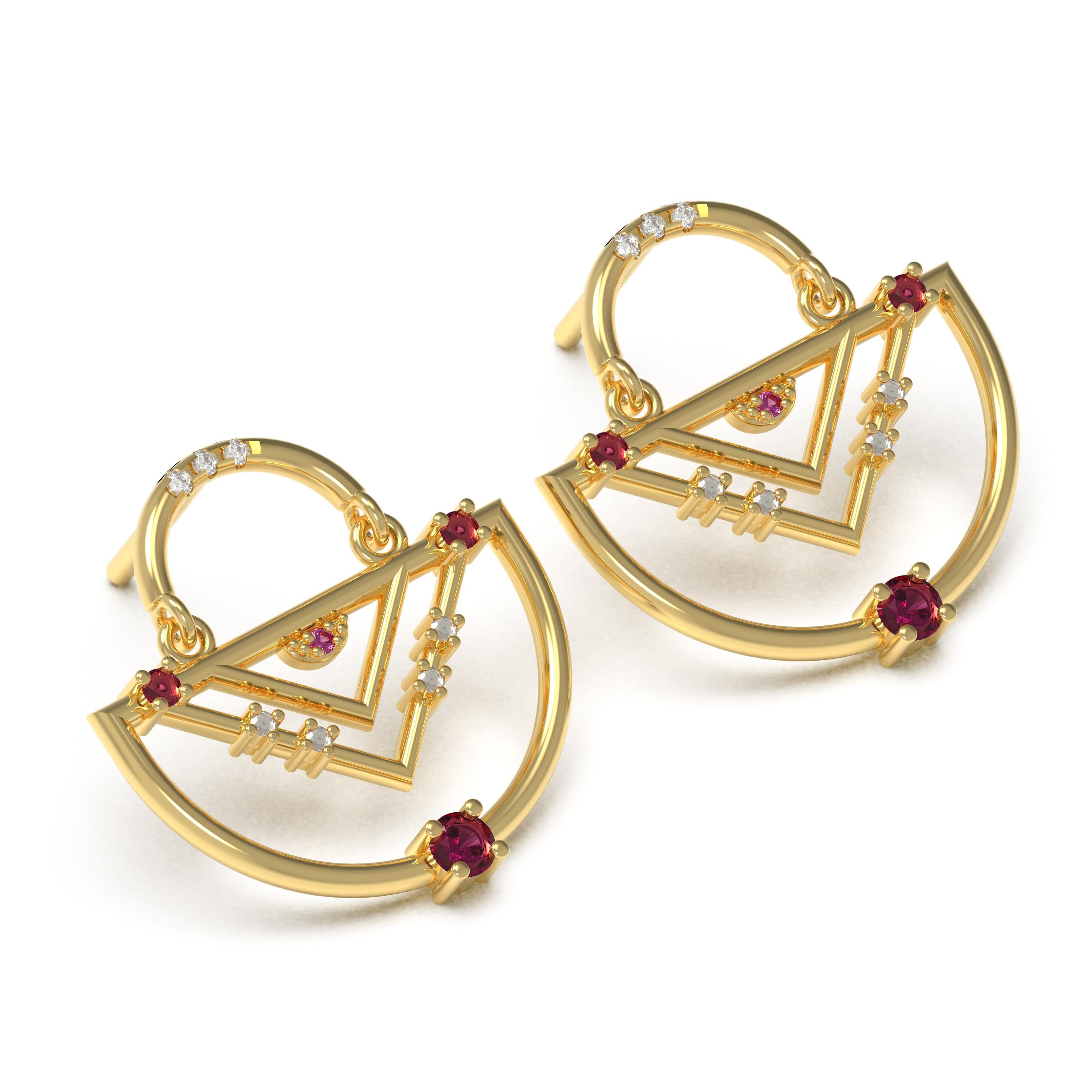 Designer: Alexia Gryllaki
Dimensions: L19x19mm
Weight: approximately 5.1g (pair)
Barcode: ING0011E

The Interlocking Geometry earrings in 18 karat yellow gold with rubies approx. 0.32cts and round brilliant-cut diamonds approx. 0.07cts .

About the
