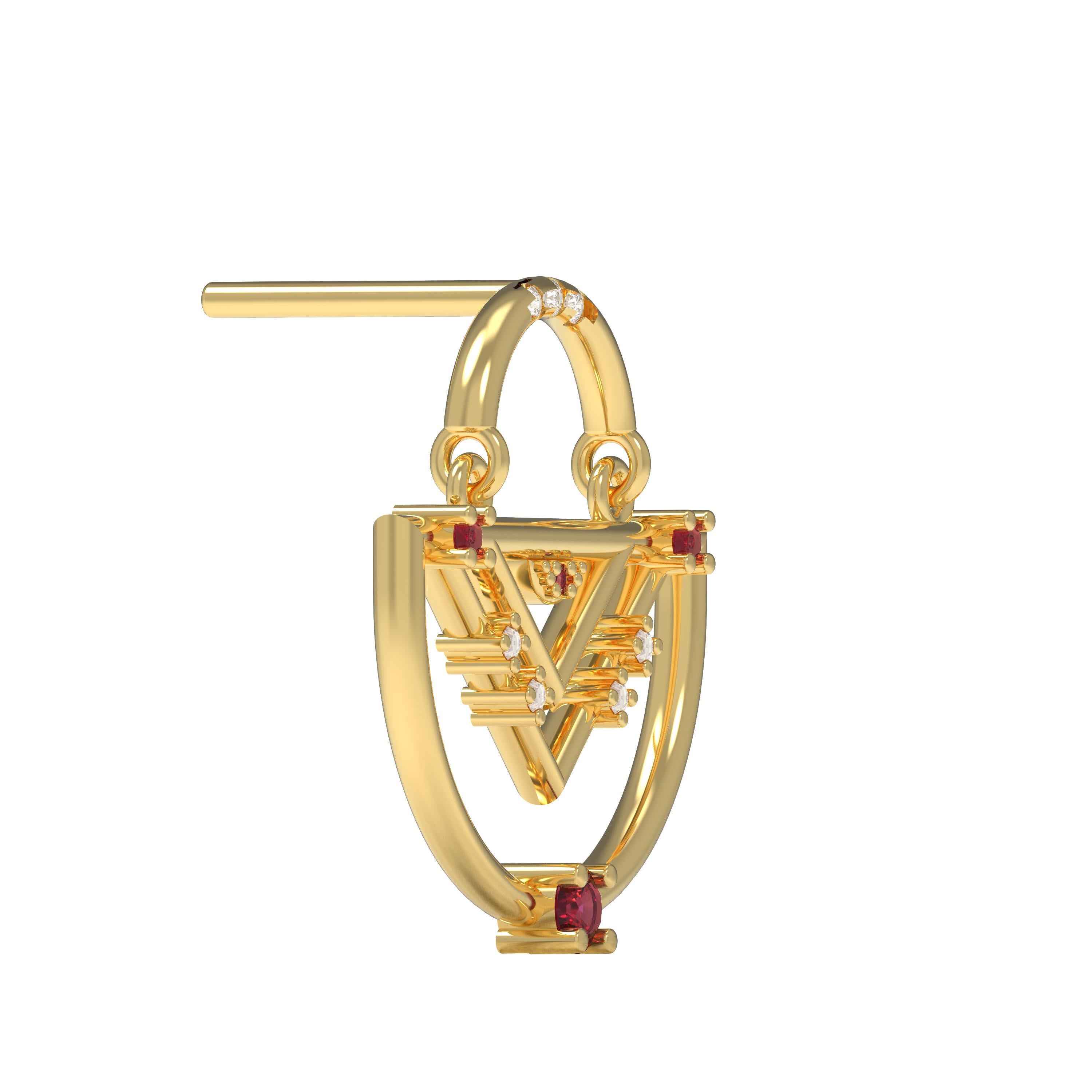 Contemporary Interlocking Geometry Ruby and Diamond Gold Earrings