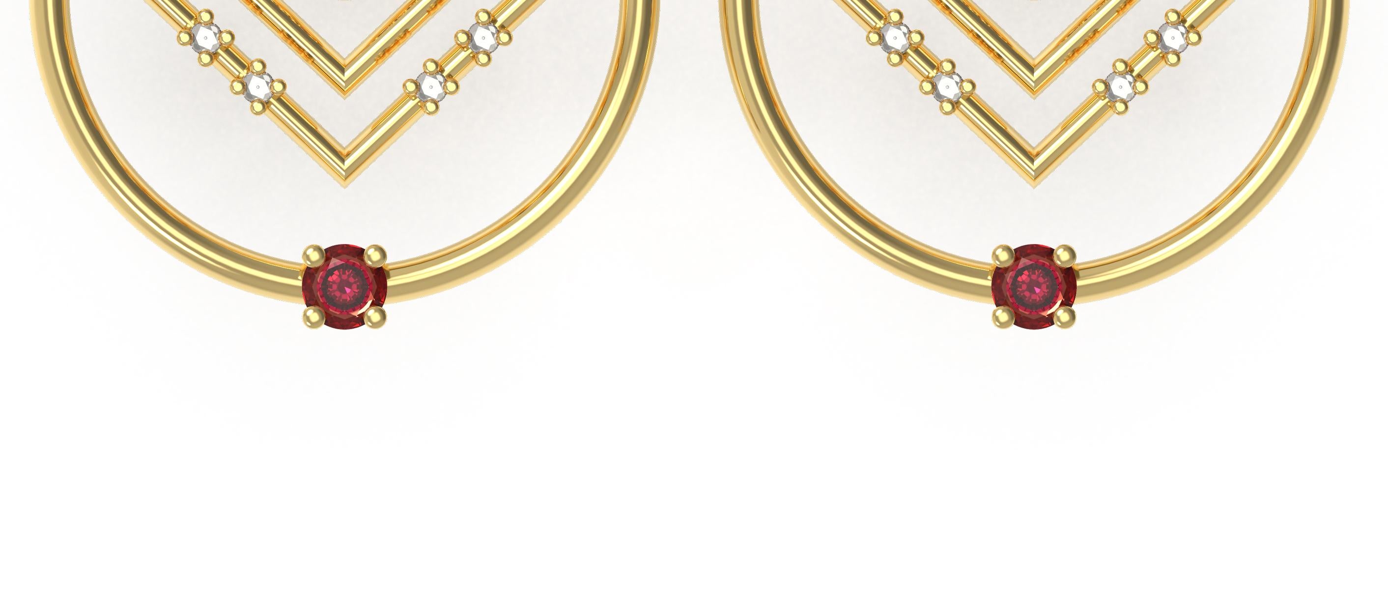 Round Cut Interlocking Geometry Ruby and Diamond Gold Earrings