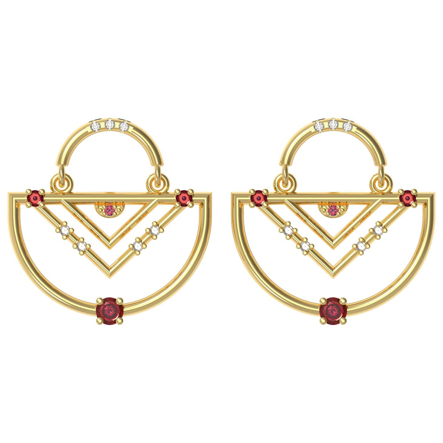 Interlocking Geometry Ruby and Diamond Gold Earrings