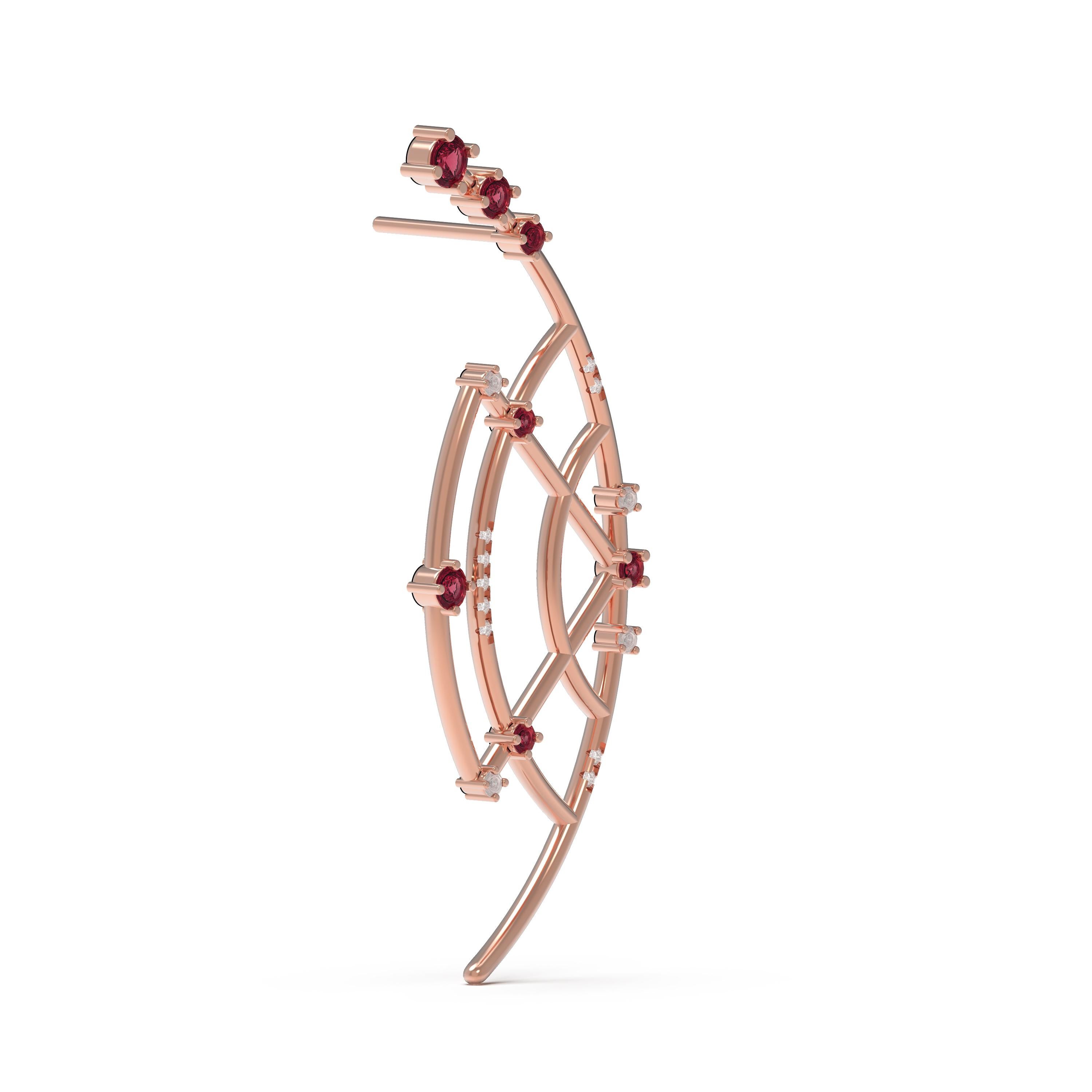 Contemporary Interlocking Geometry Ruby and Diamond Rose Gold Earrings