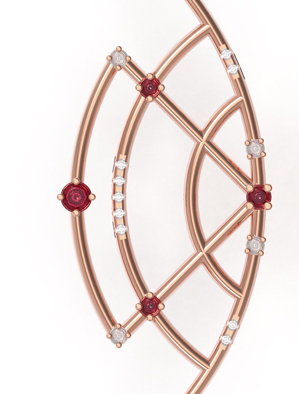 Round Cut Interlocking Geometry Ruby and Diamond Rose Gold Earrings