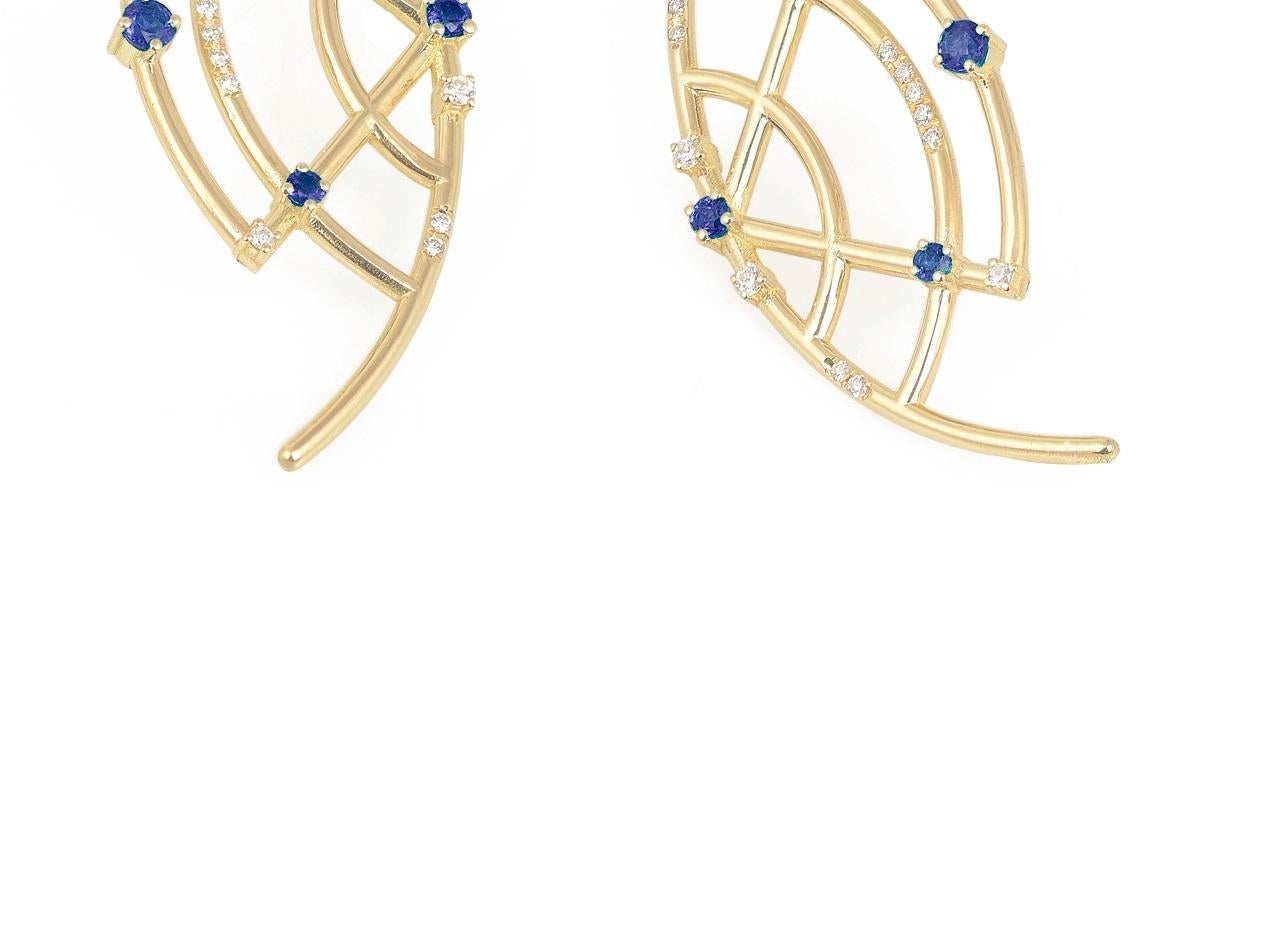 Contemporary Interlocking Geometry Sapphire and Diamond 18 Karat Gold Earrings