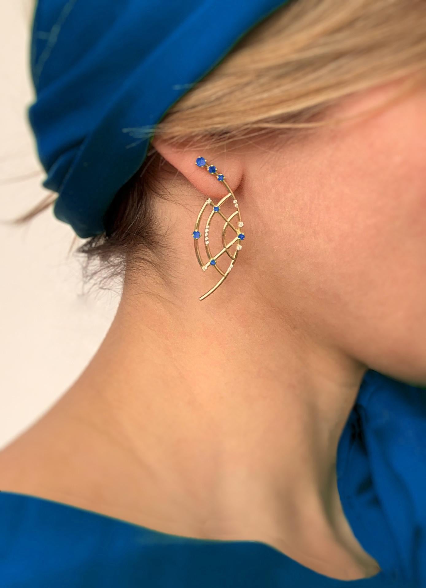 Round Cut Interlocking Geometry Sapphire and Diamond 18 Karat Gold Earrings